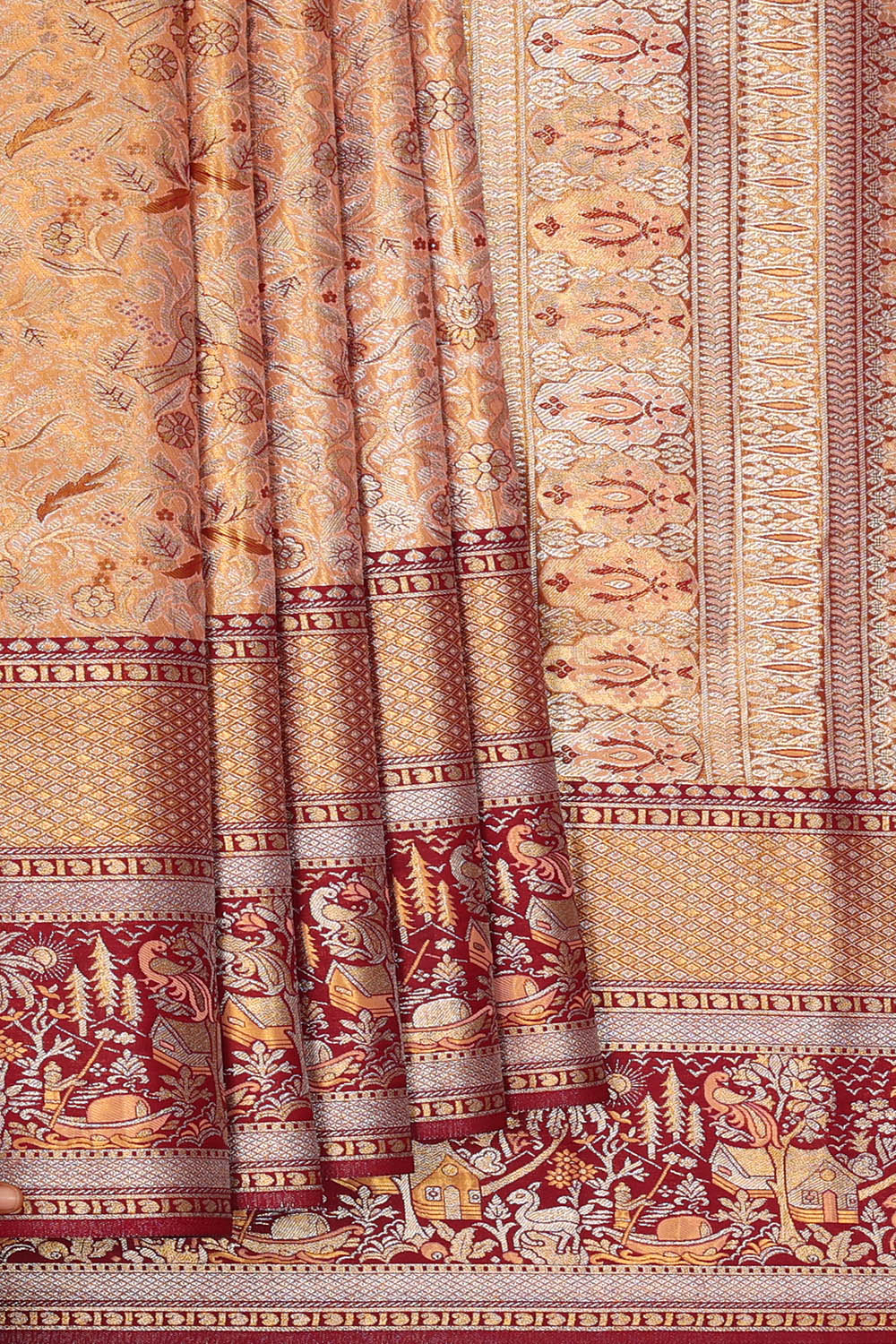 Image of Gold-Peach Kanchipattu Tissue Brocade Saree