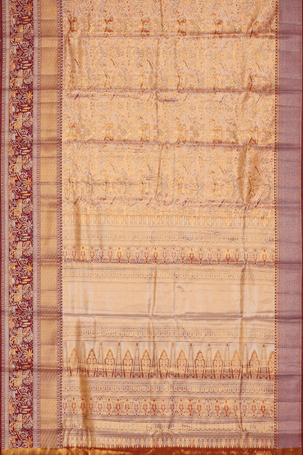 Image of Gold-Peach Kanchipattu Tissue Brocade Saree