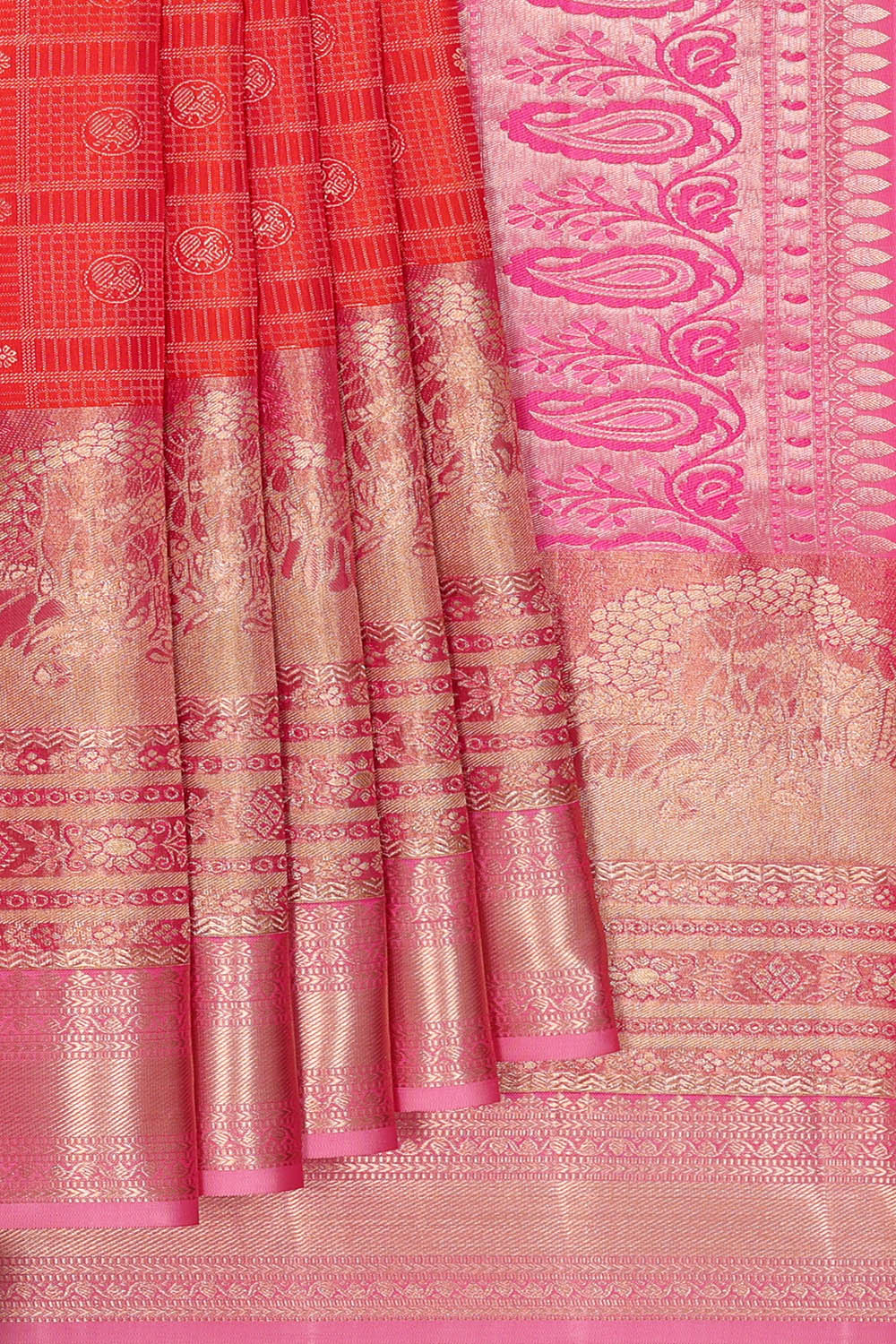 Image of Kanchipattu Coral-Red Kattam Saree