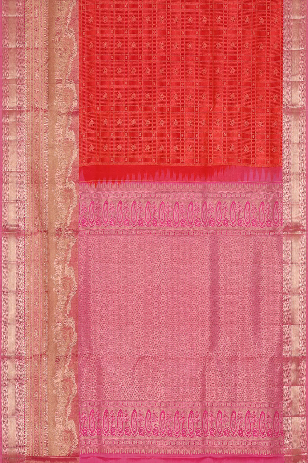 Image of Kanchipattu Coral-Red Kattam Saree