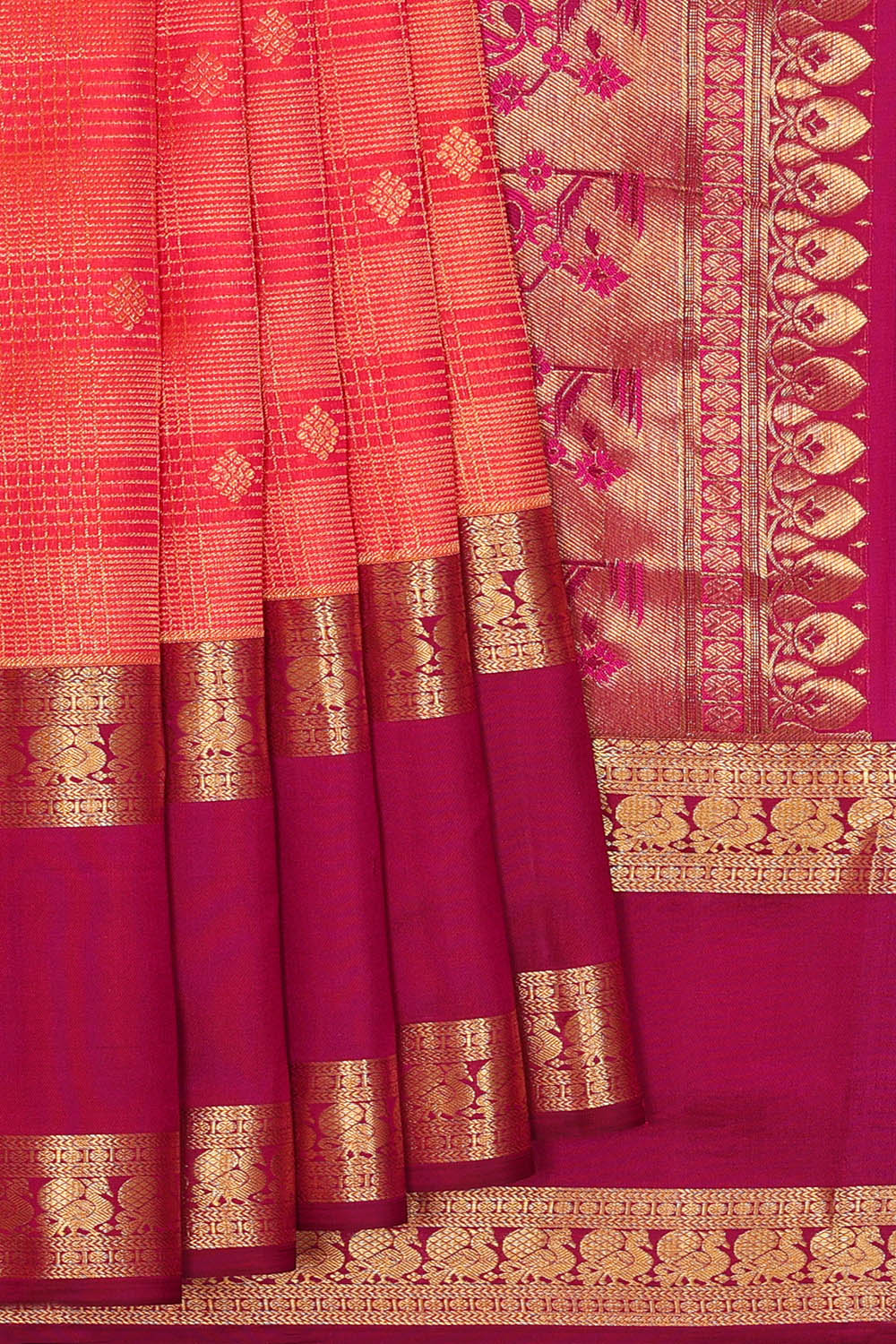 Image of Coral-Pin Kanchipattu Kattam Saree