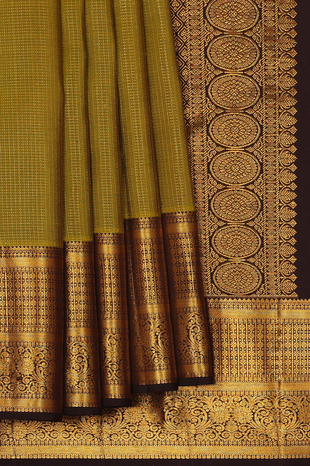 Image of Kanchipattu Mehendi-Green Kattam Saree
