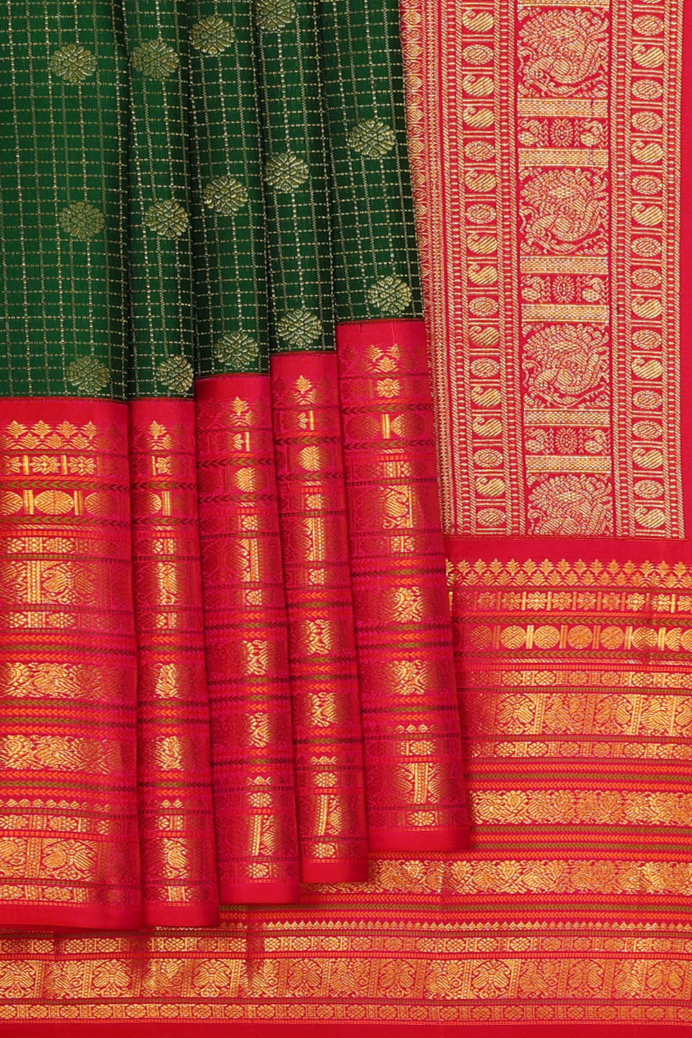 Image of Kanchipattu Bottle-Green Kattam Saree