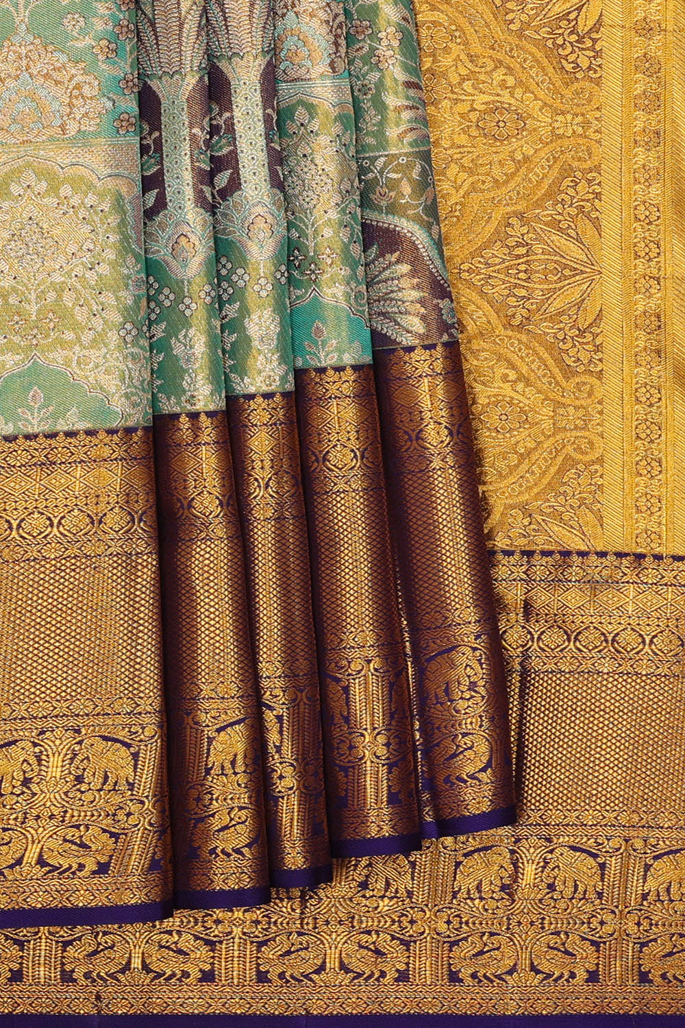 Image of Kanchipattu Teal-Blue Tissue Brocade Saree