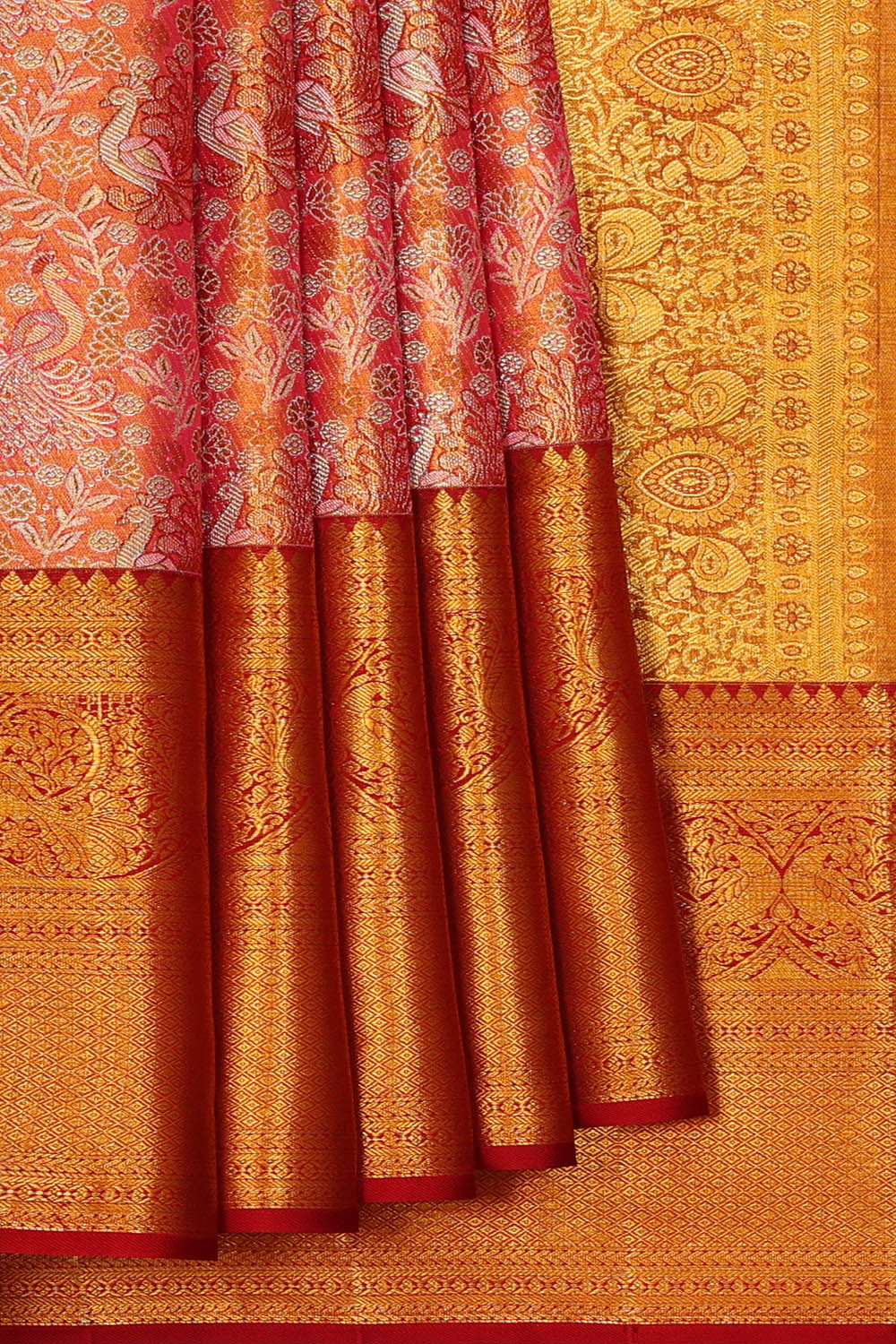 Image of Coral-Pink Kanchipattu Tissue Brocade Saree