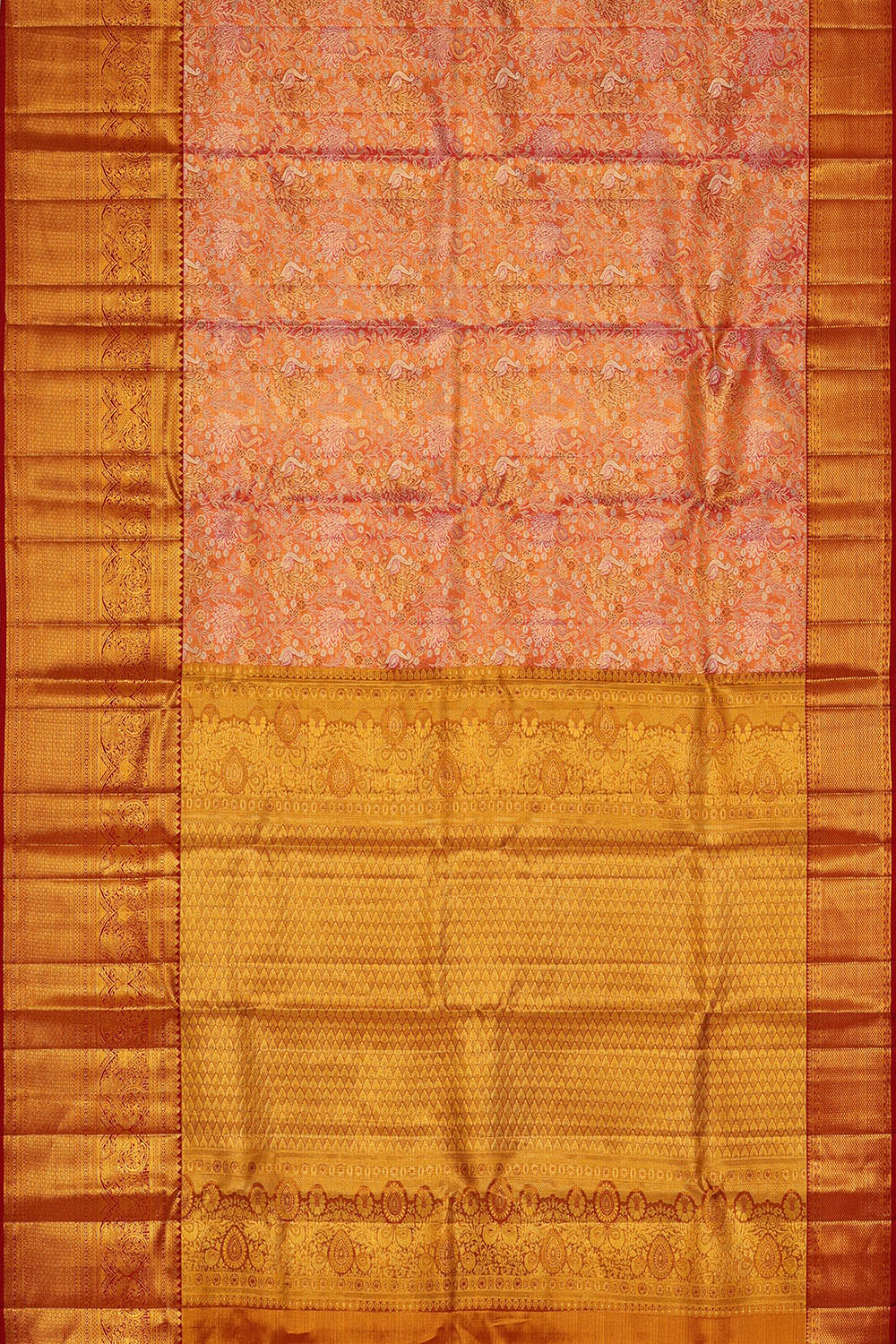 Image of Coral-Pink Kanchipattu Tissue Brocade Saree