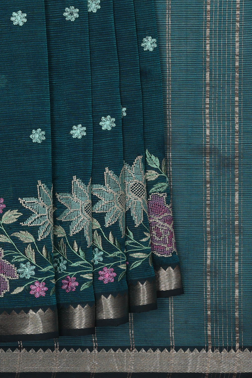 Image of Teal-Green Silk Embroidery Saree
