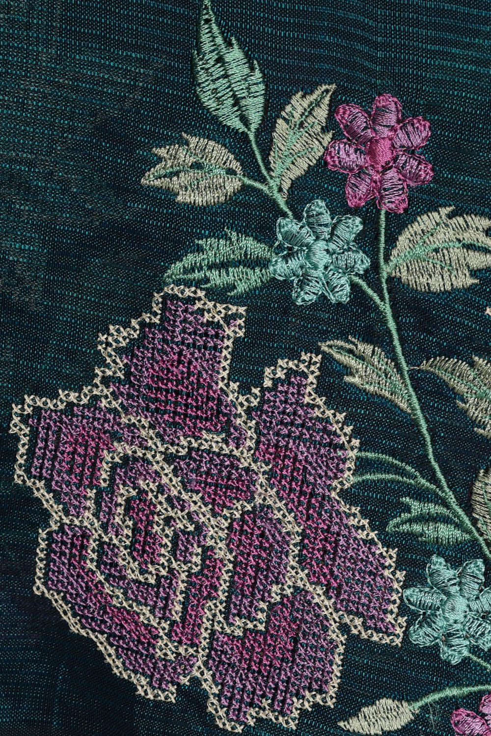 Image of Teal-Green Silk Embroidery Saree