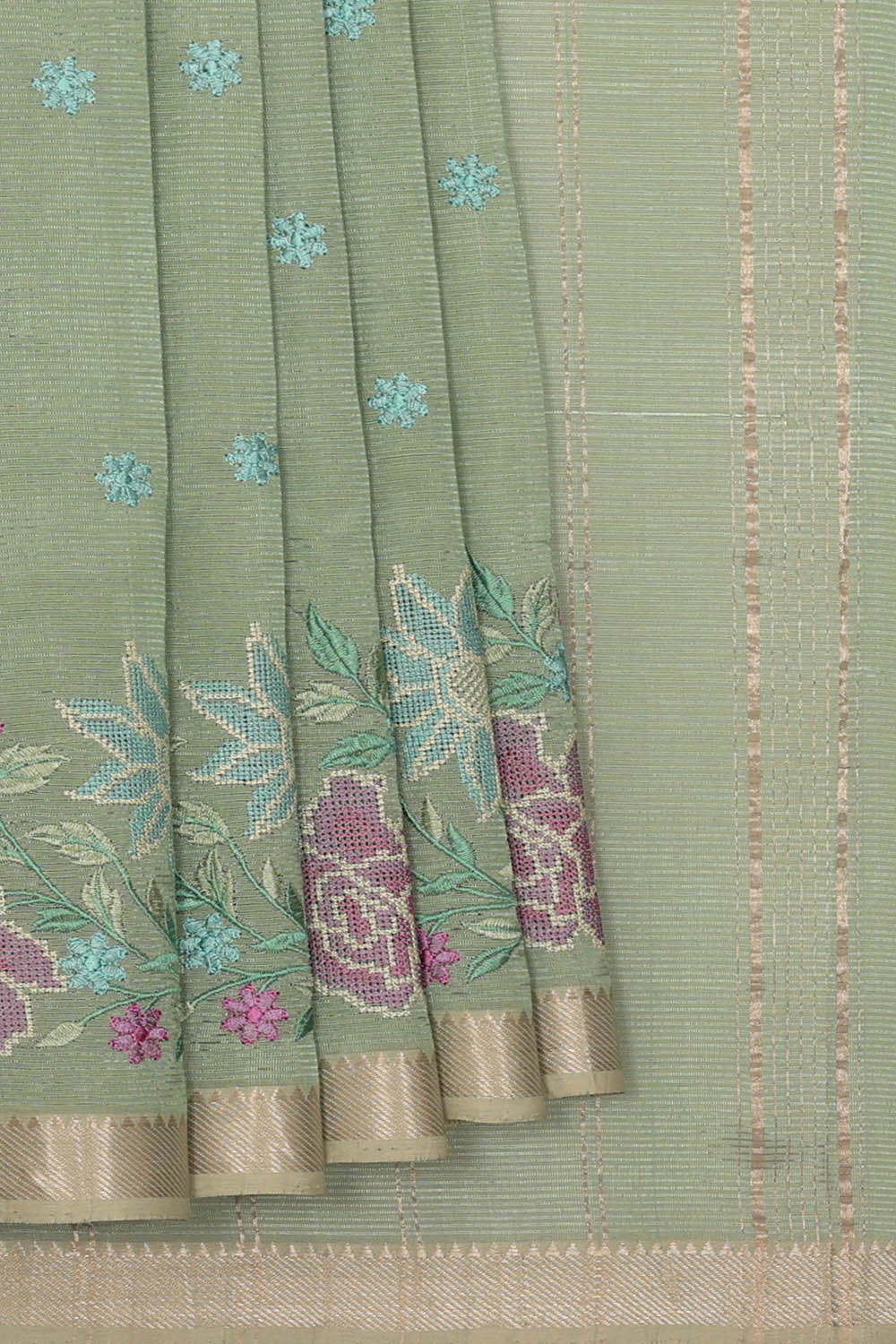 Image of Green Silk Embroidery Saree