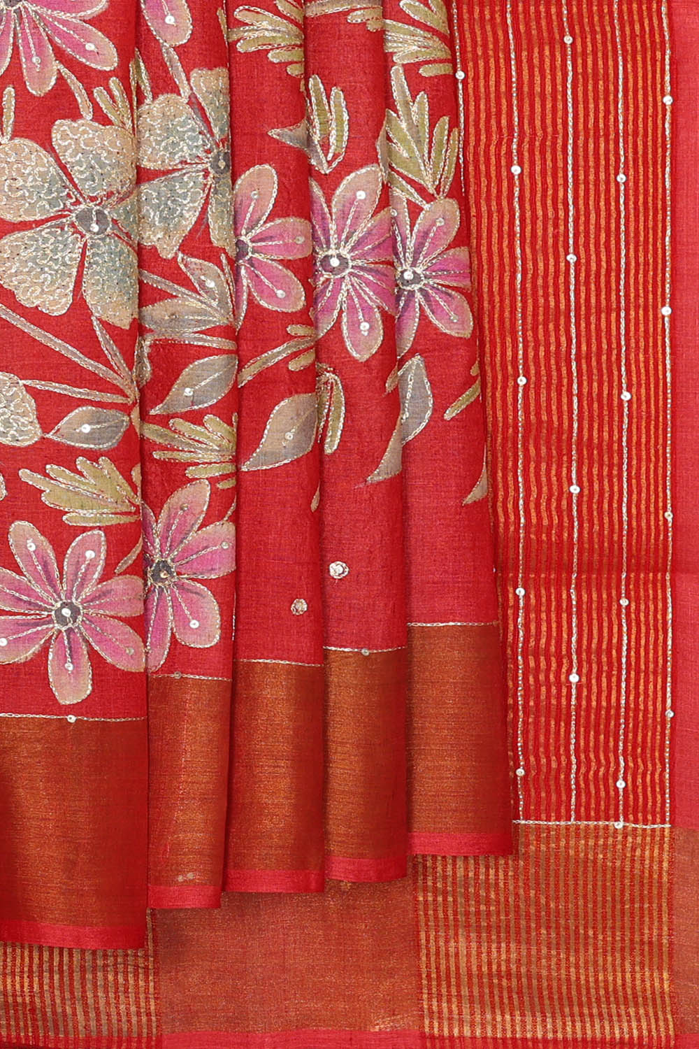 Image of Red Tussar Silk Saree