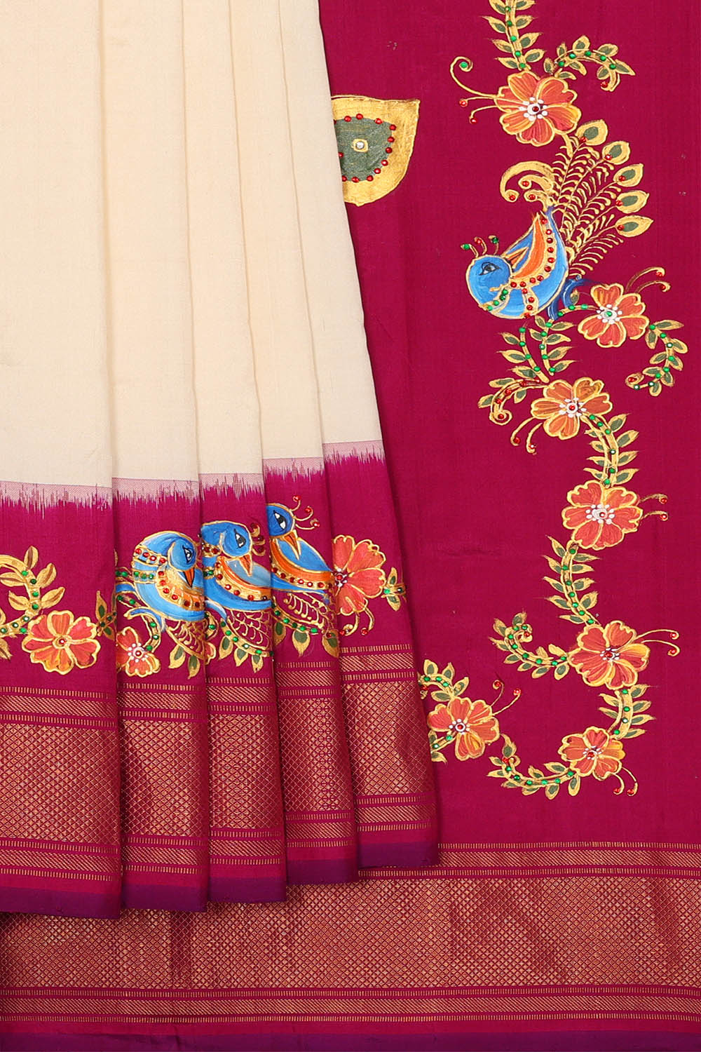 Image of Off-White Tanjore Pochampally Ikat Silk Saree