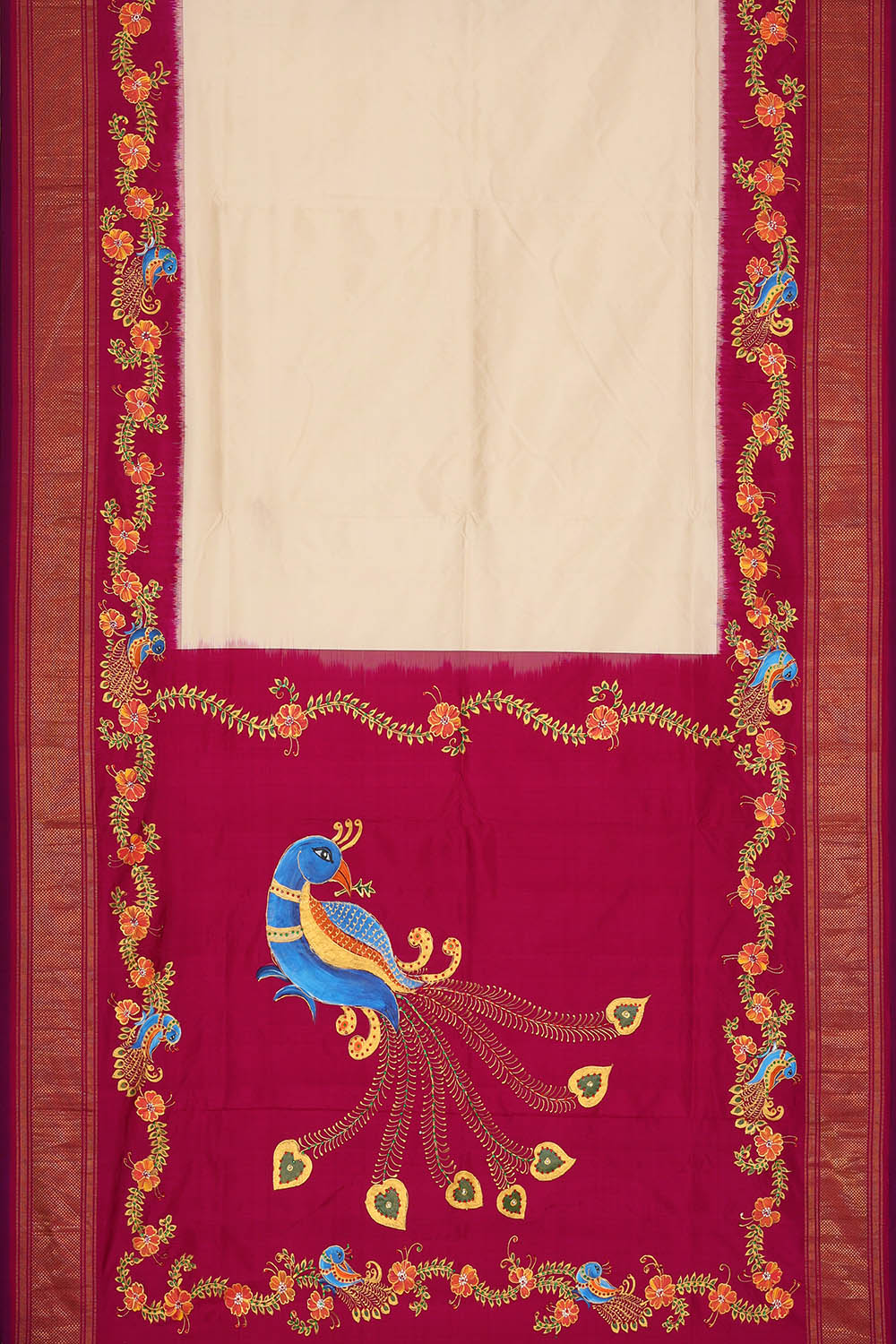 Image of Off-White Tanjore Pochampally Ikat Silk Saree