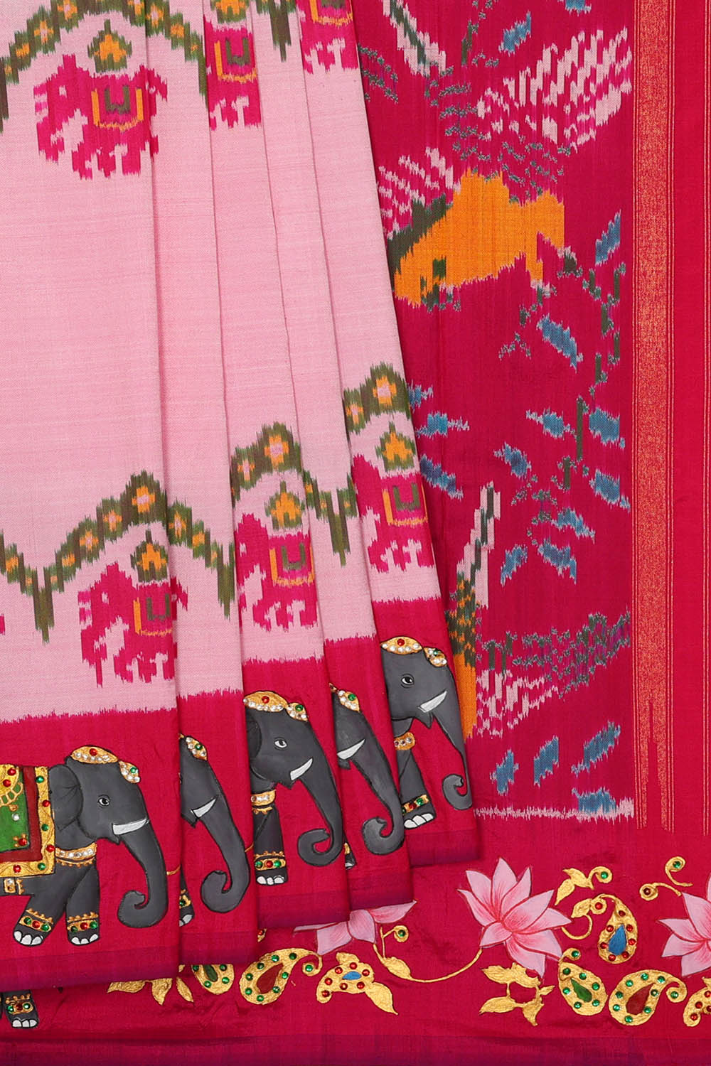 Image of A Fusion Tanjore Pochampally Ikat Silk Saree
