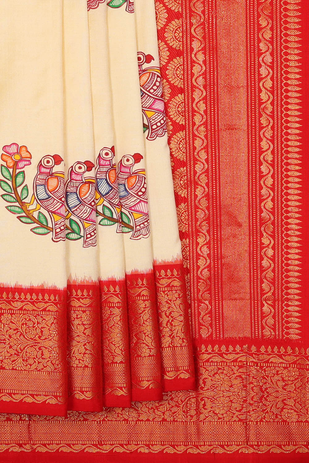 Image of Off-White Madhubani Pochampally Ikat Silk Saree