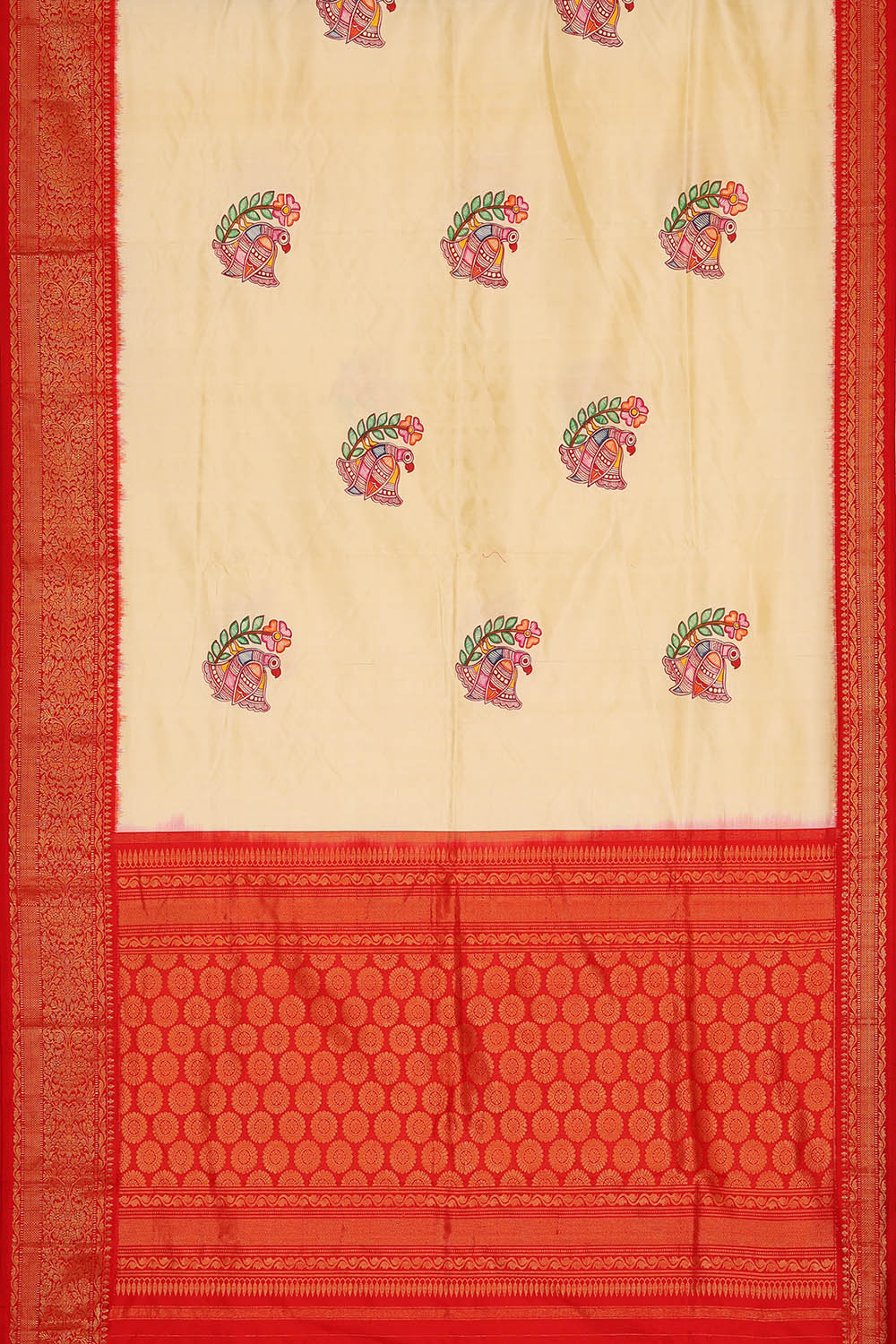 Image of Off-White Madhubani Pochampally Ikat Silk Saree