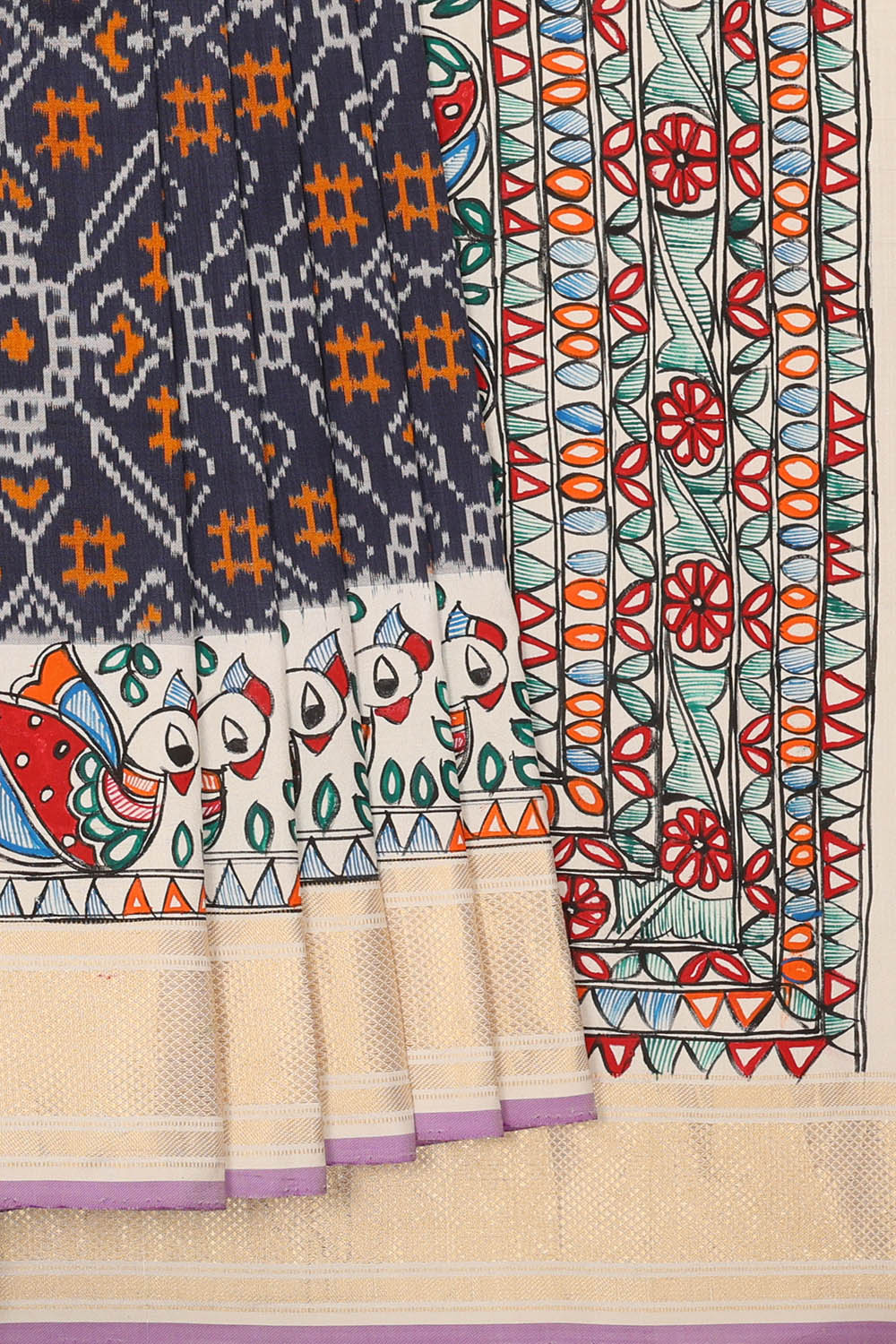 Image of Black Pochampally Madhubani Painting Silk Saree