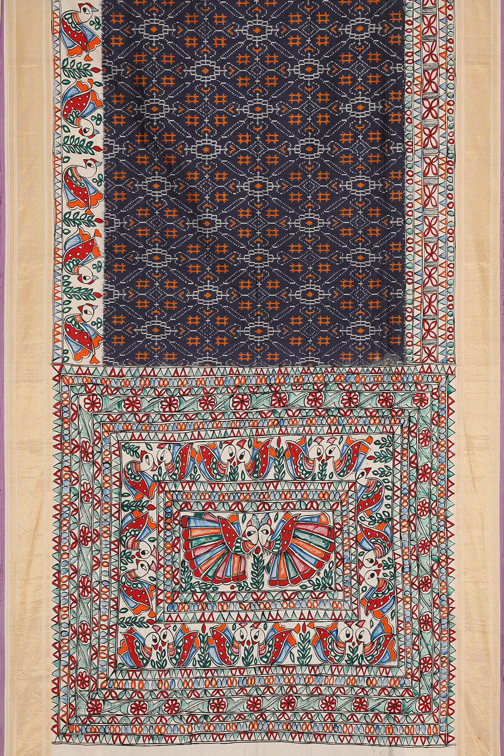 Image of Black Pochampally Madhubani Painting Silk Saree