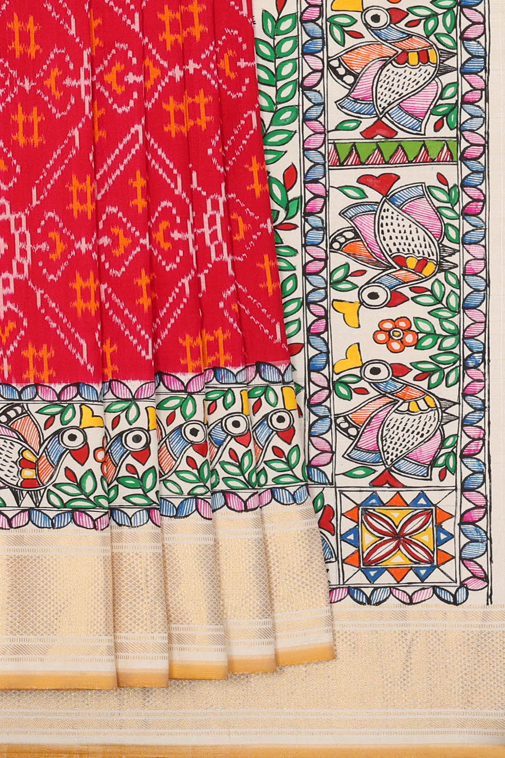 Image of Red Pochampally Madhubani Painting Silk Saree