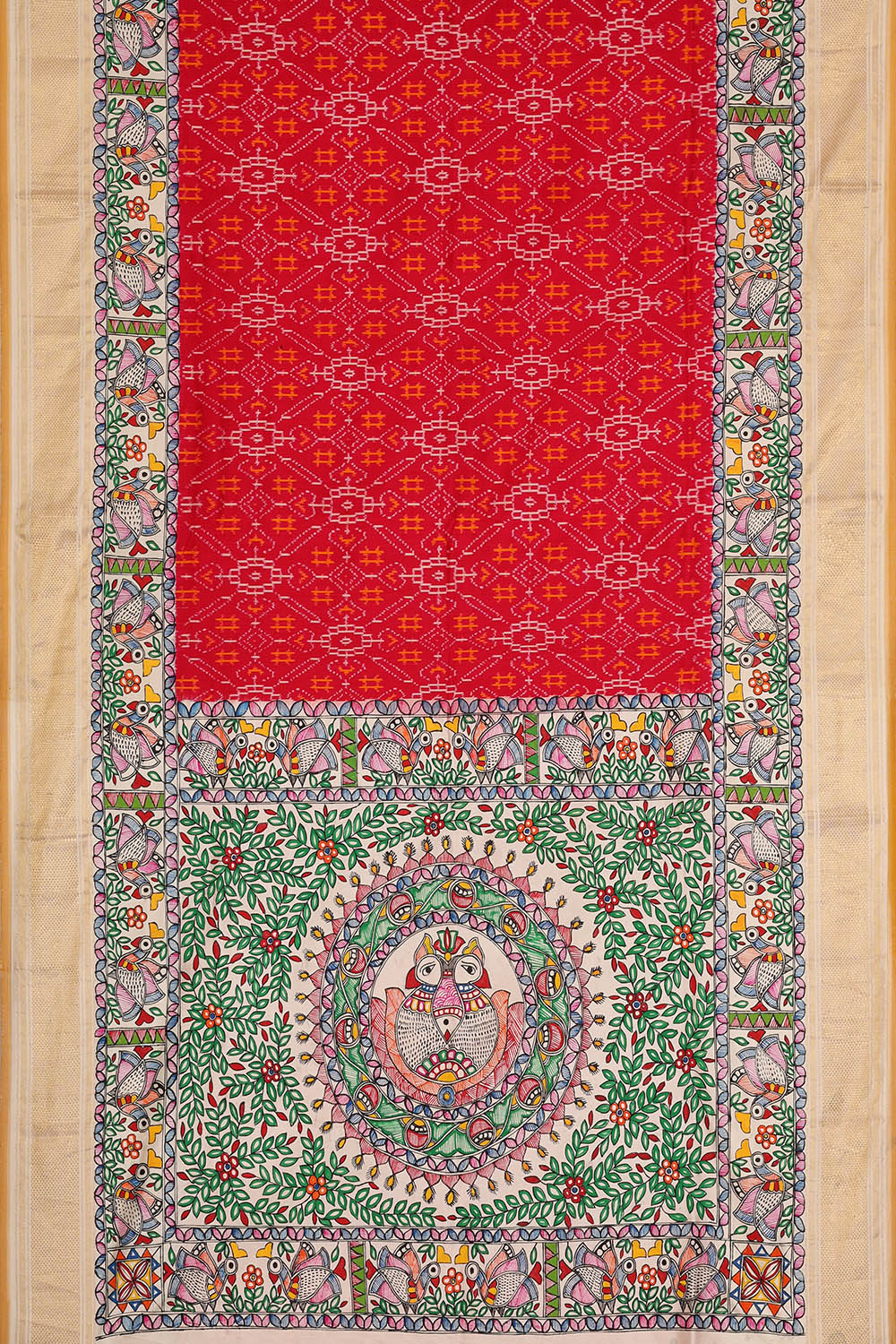 Image of Red Pochampally Madhubani Painting Silk Saree