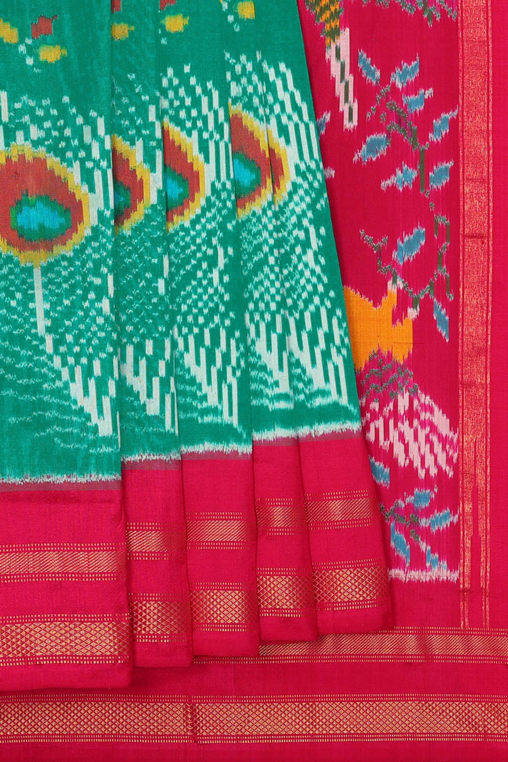 Image of Teal-green Pochampally Ikat Silk Saree