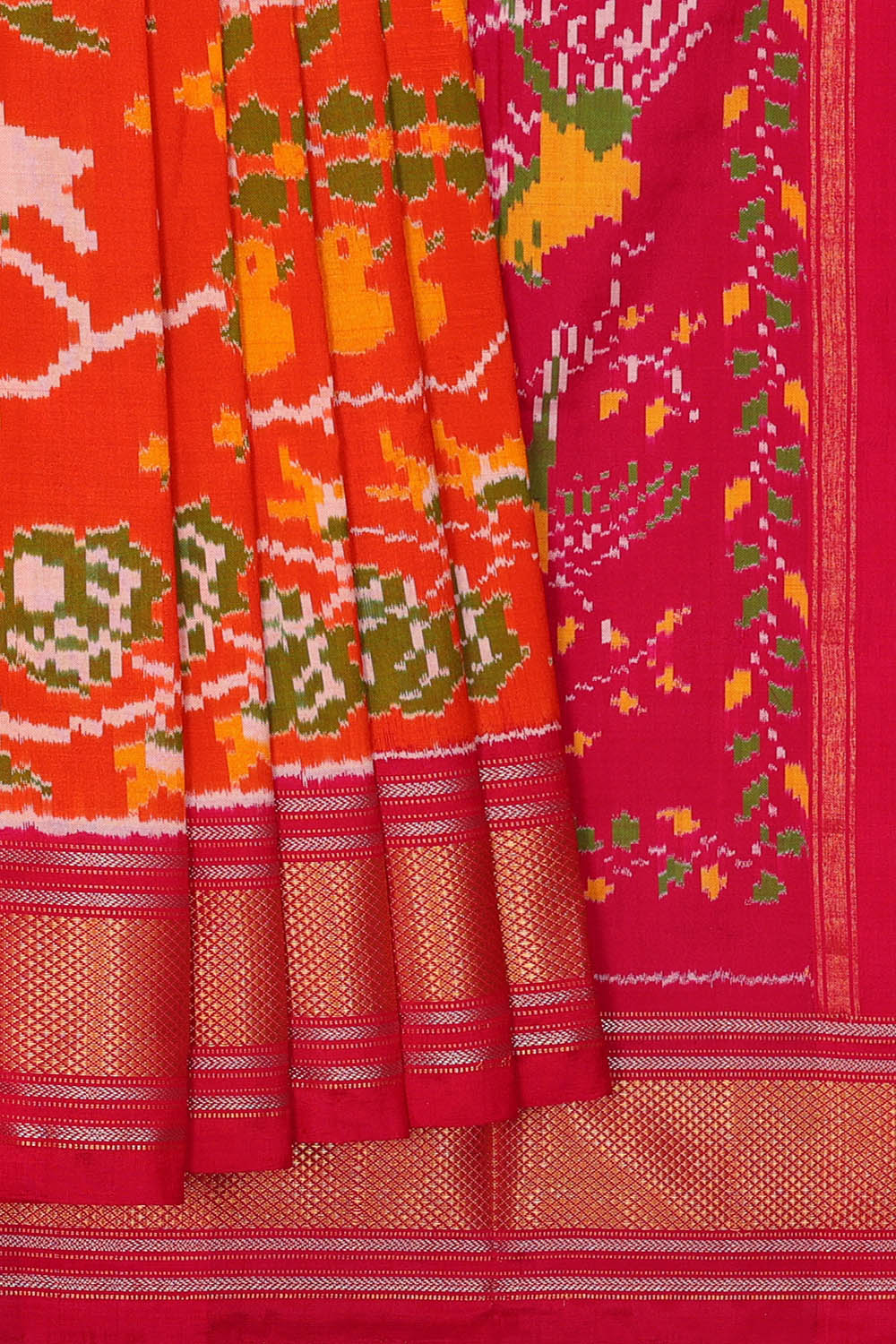 Image of Orange Pochampally Ikat Silk Saree