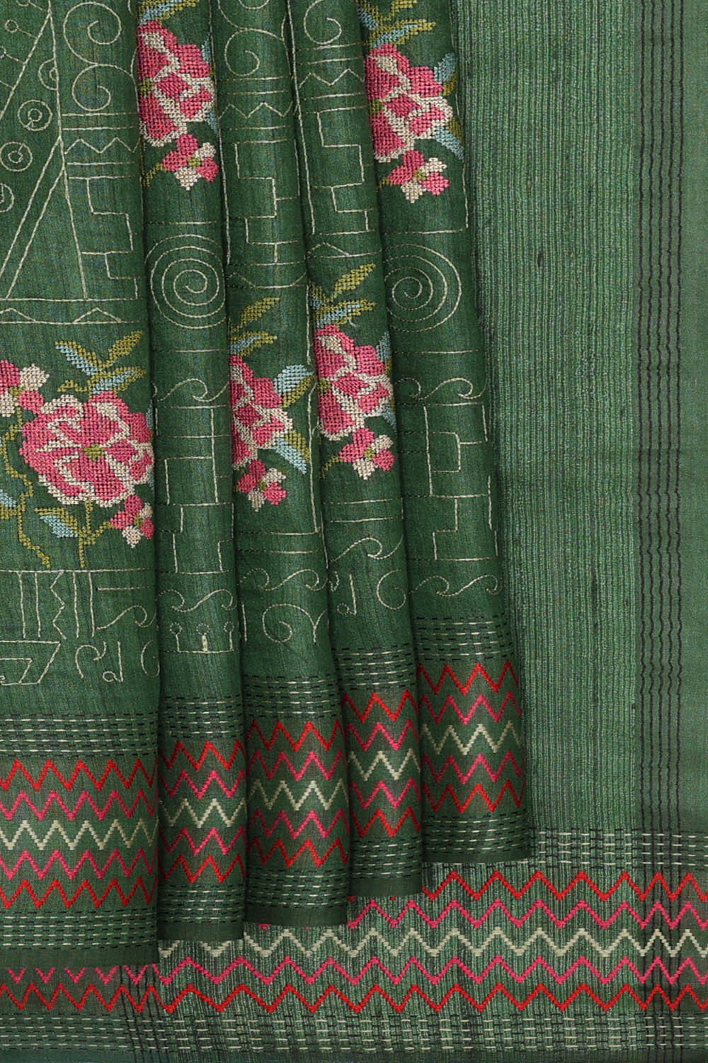 Image of Bottle-Green Tussar Embroidery Silk Saree