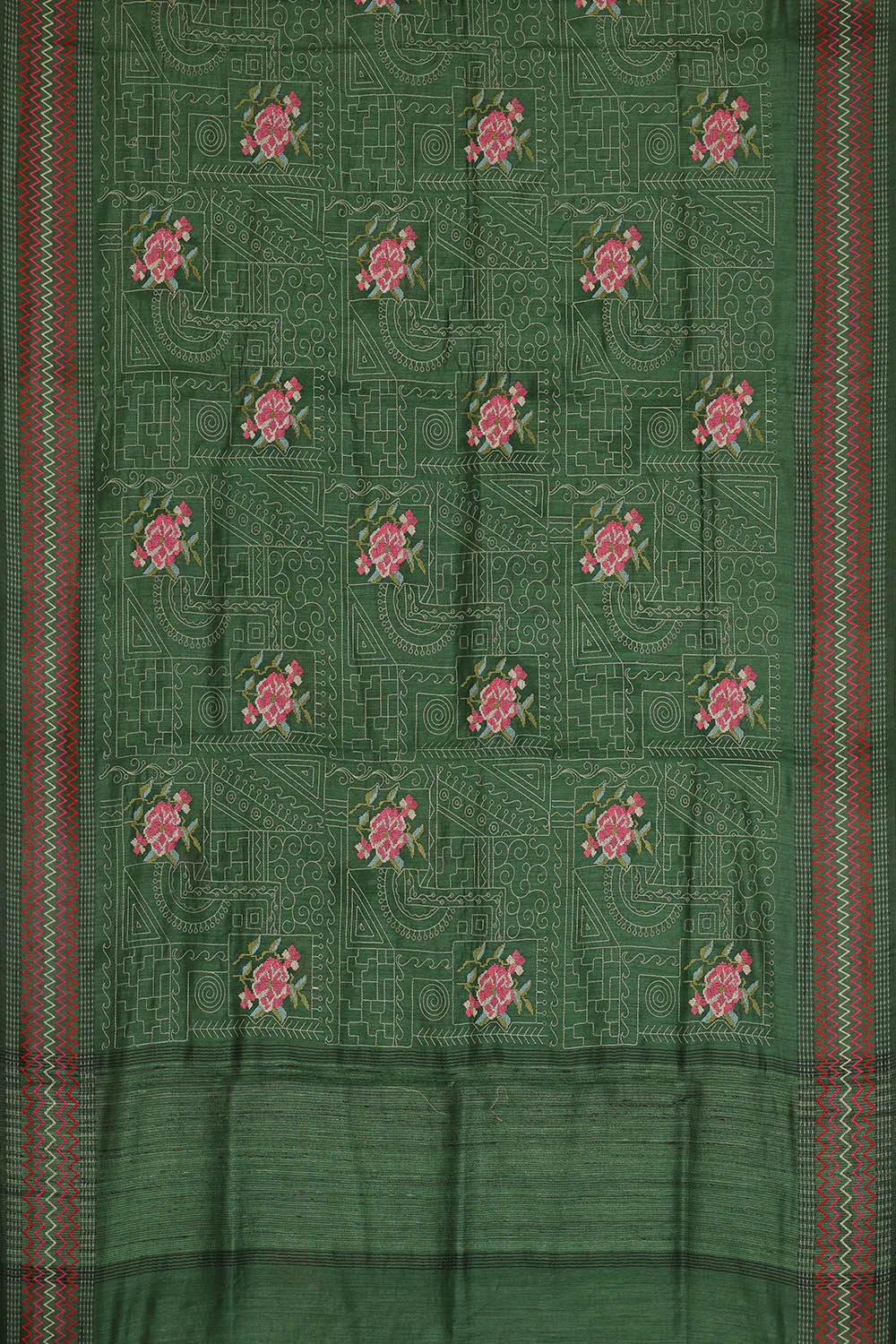 Image of Bottle-Green Tussar Embroidery Silk Saree