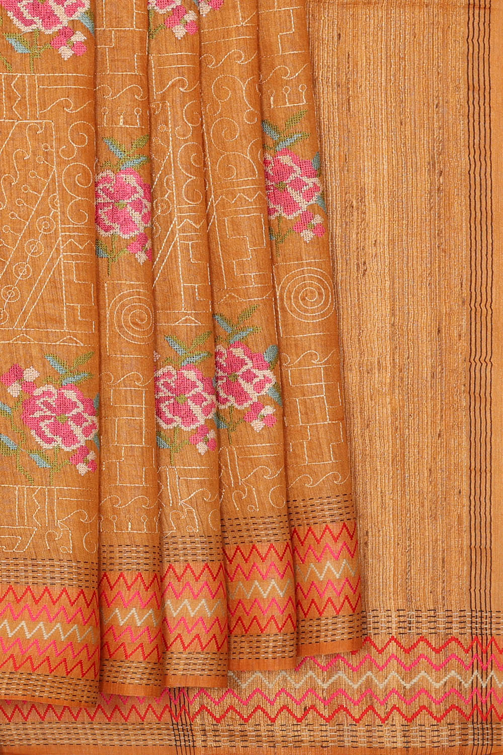 Image of Orange Tussar Embroidery Silk Saree