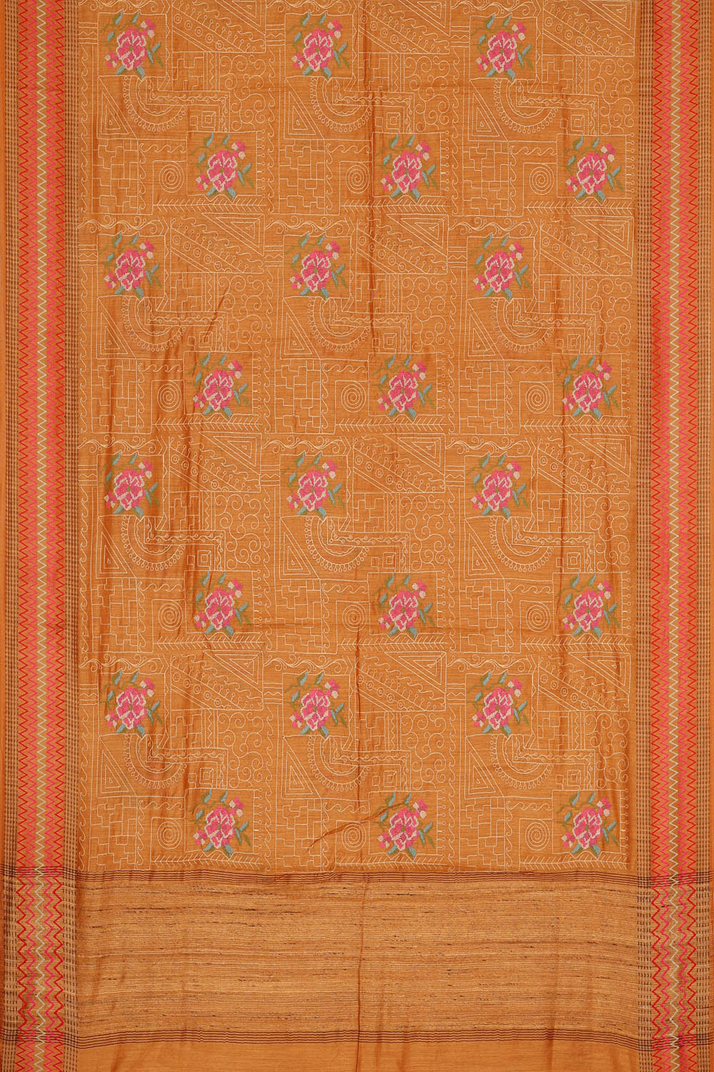 Image of Orange Tussar Embroidery Silk Saree