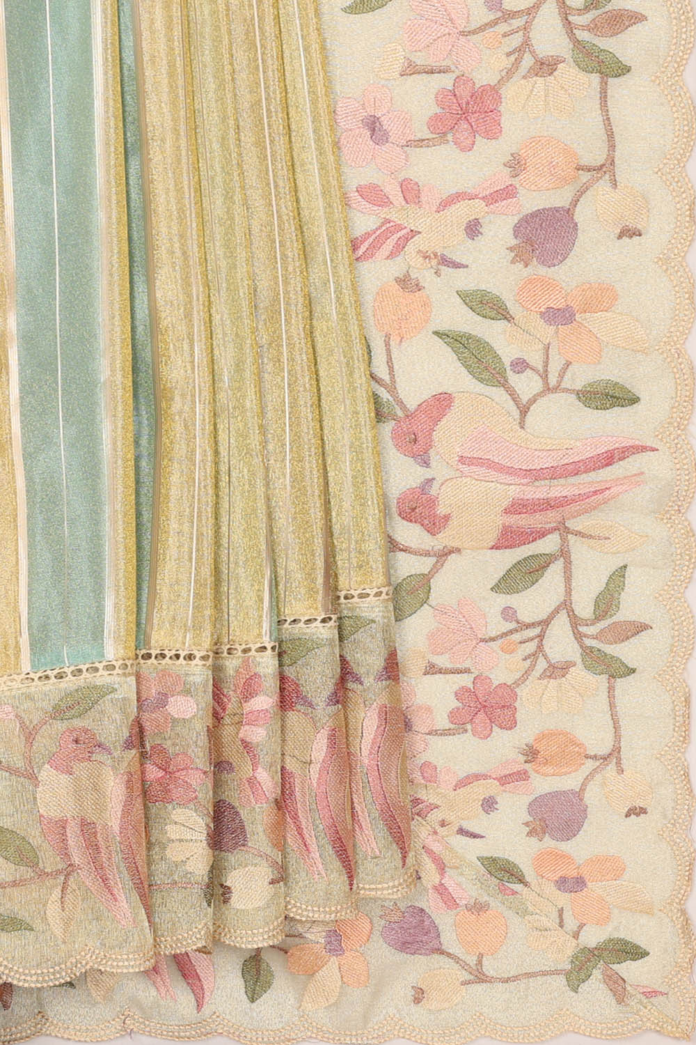 Image of Multi-coloured Tissue Embroidery Silk Saree