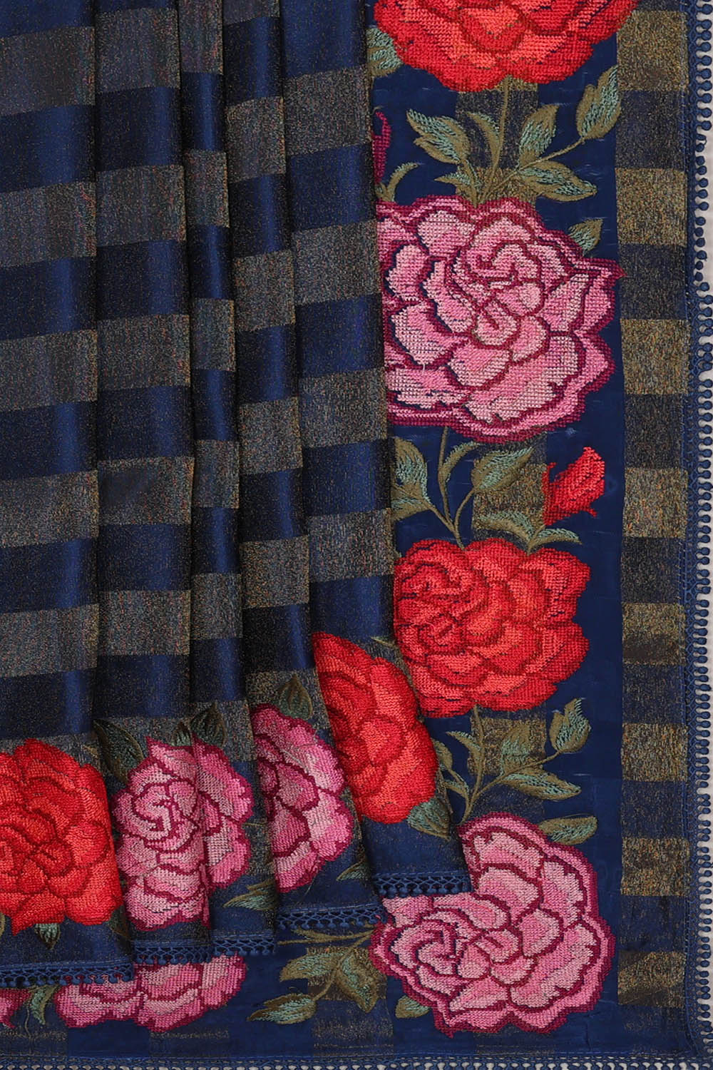 Image of Navy-Blue Crepe Silk Embroidery Saree