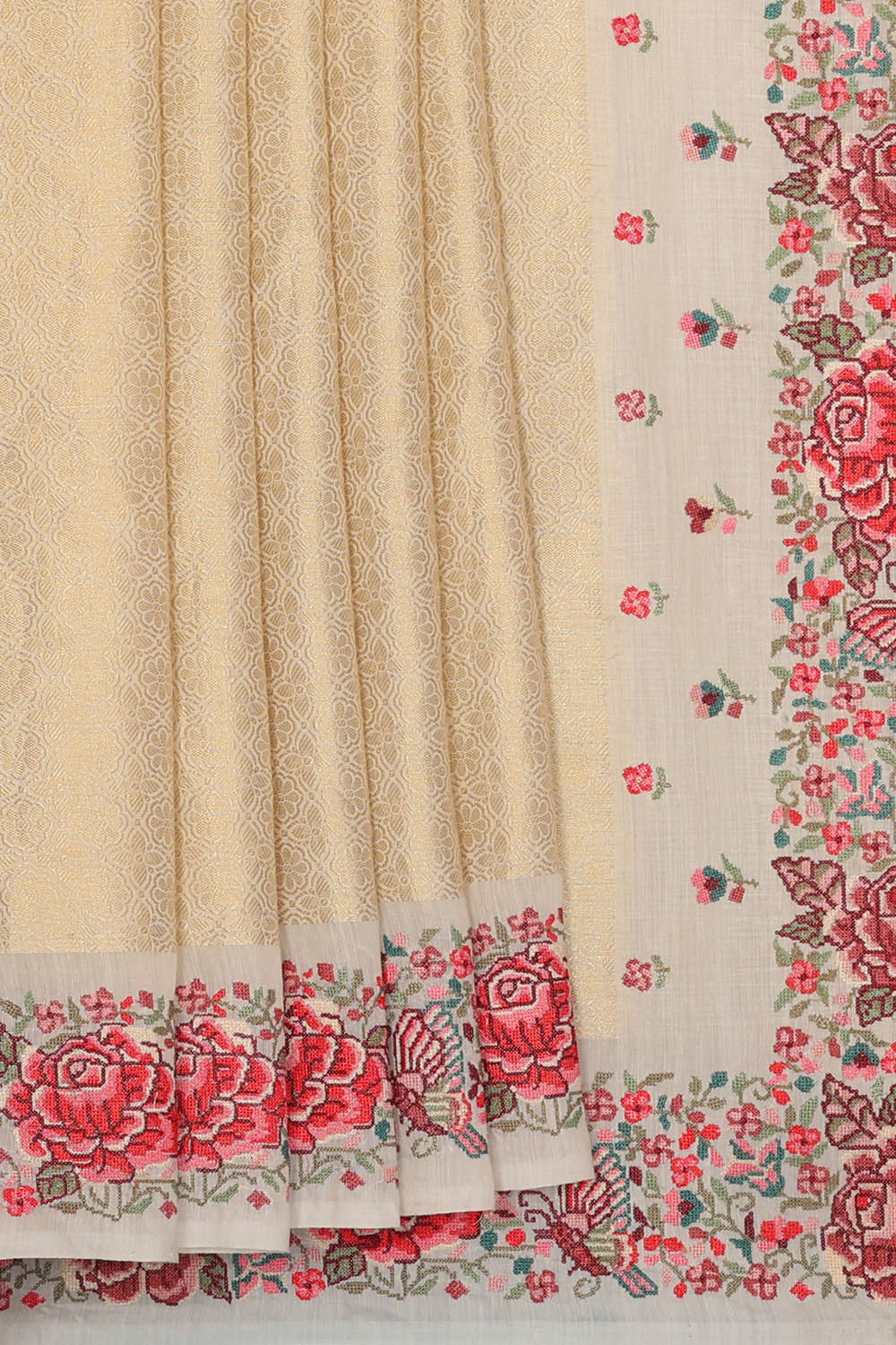 Image of Off-white Cotton Silk Embroidery Saree