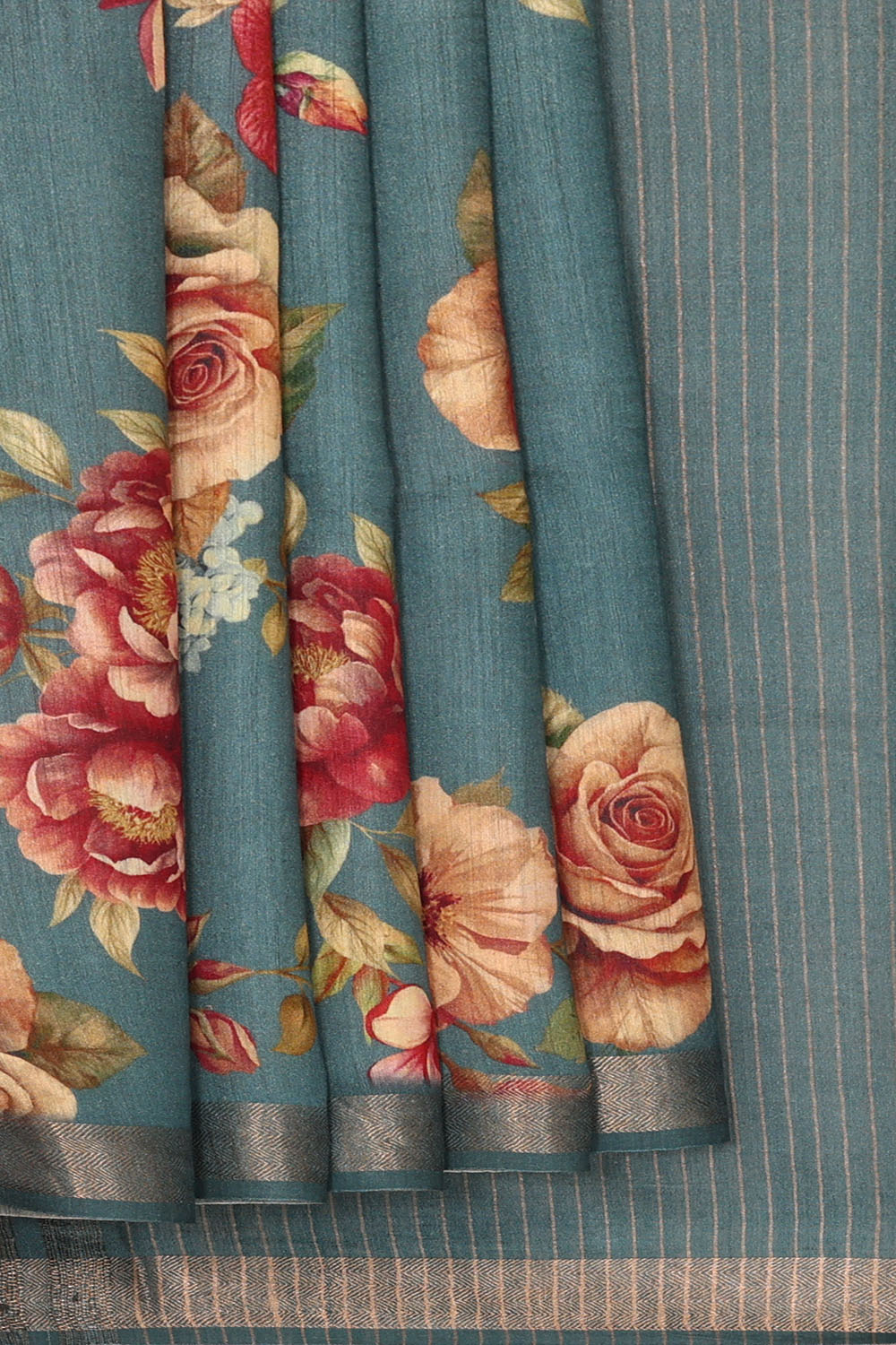 Image of Teal-Blue Desi Tussar Silk Saree