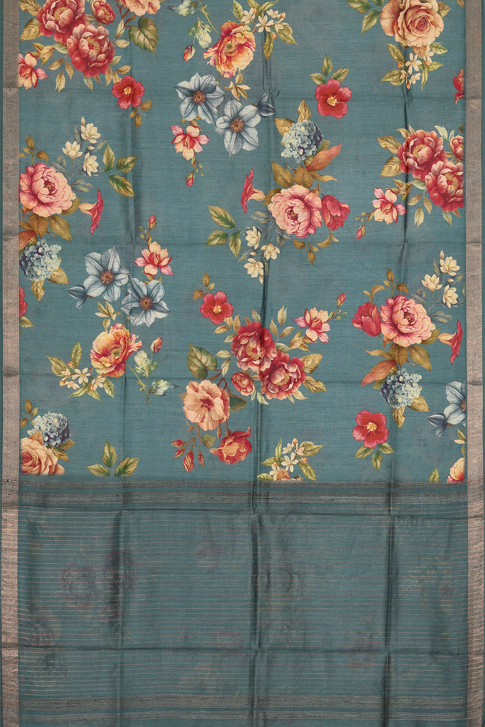 Image of Teal-Blue Desi Tussar Silk Saree