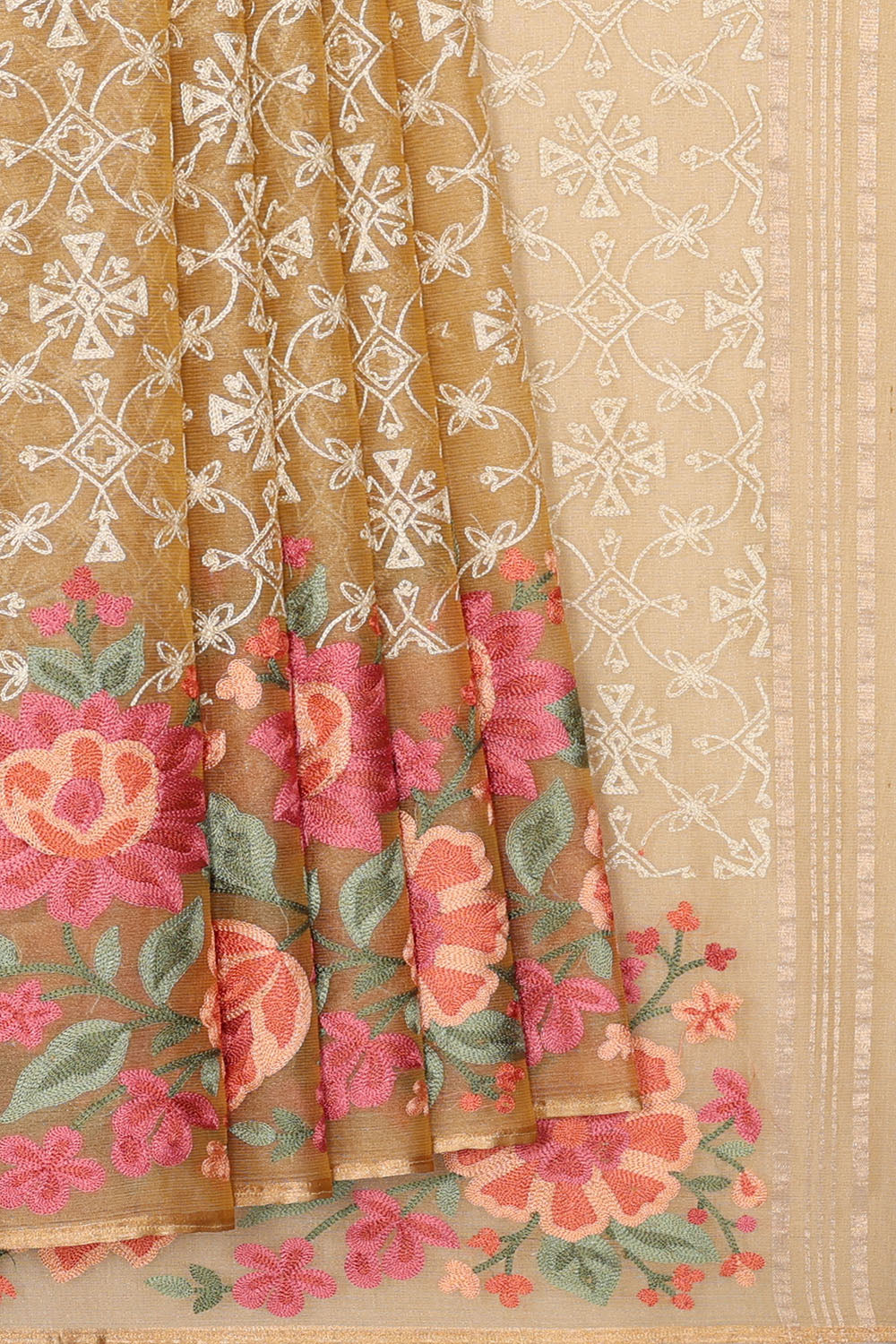 Image of Beige Silk Embroidery Saree