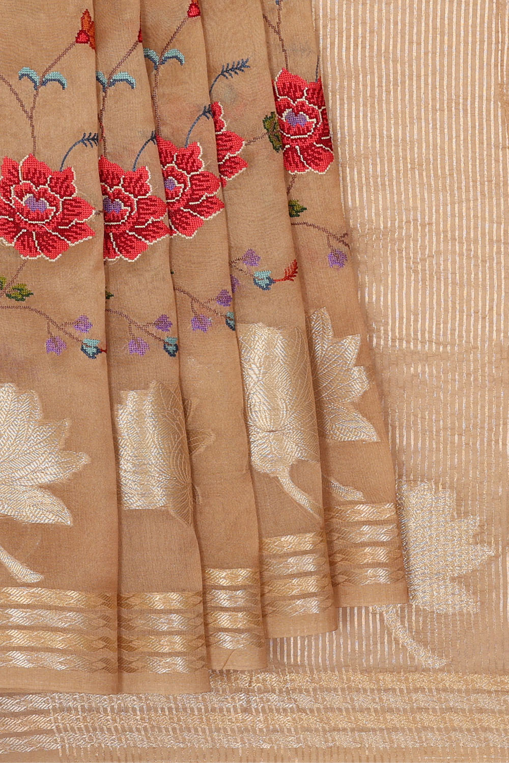 Image of Beige Silk Embroidery Saree