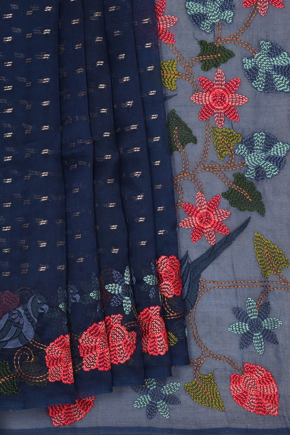Image of Navy-Blue Silk Embroidery Saree