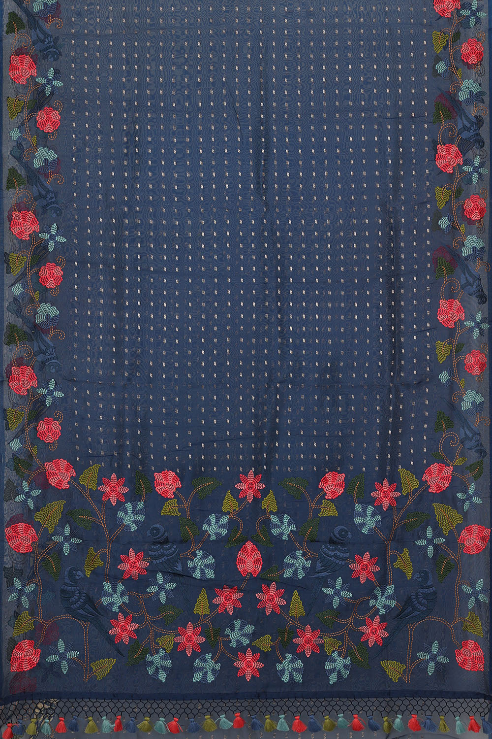 Image of Navy-Blue Silk Embroidery Saree