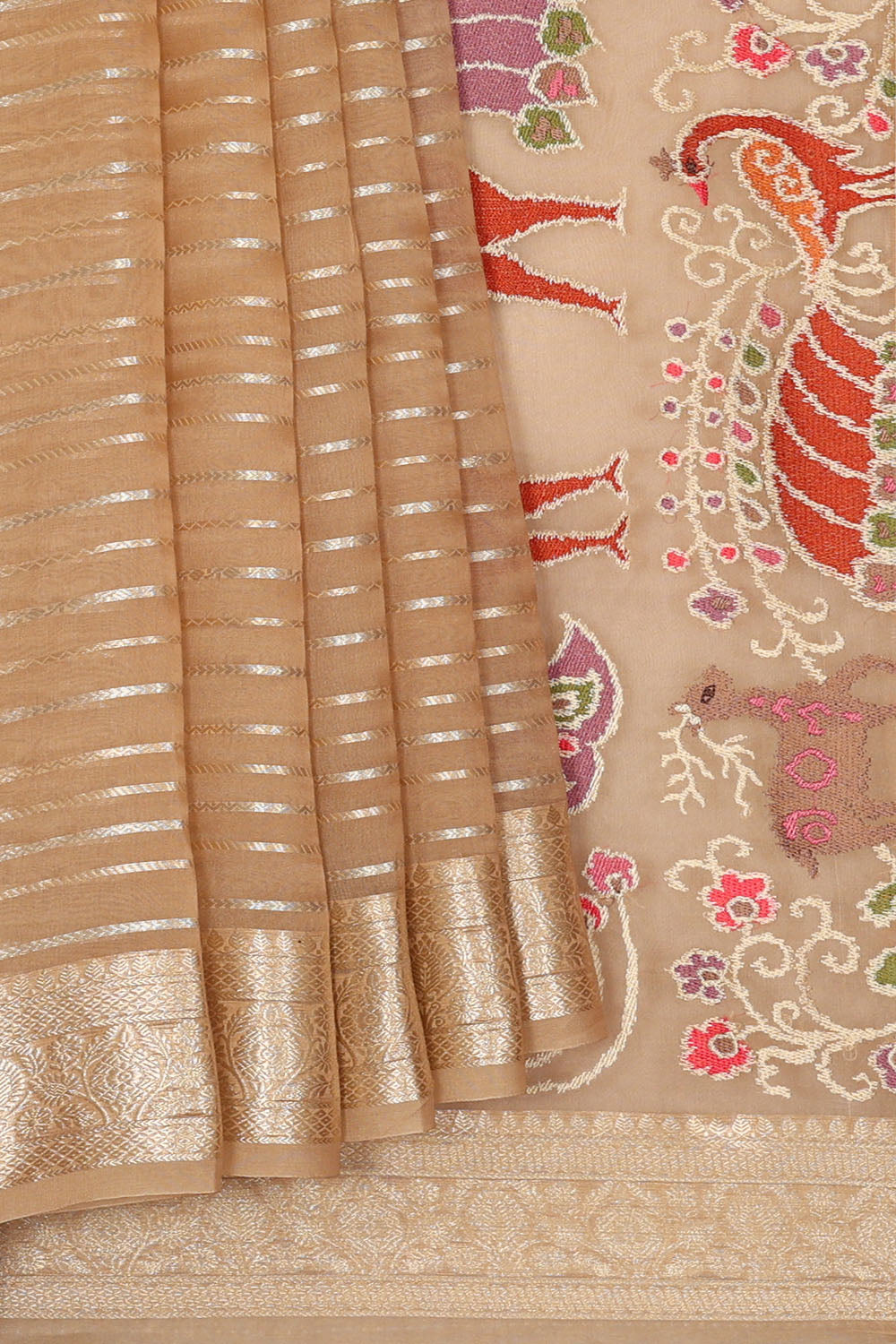Image of Beige Silk Embroidery Saree