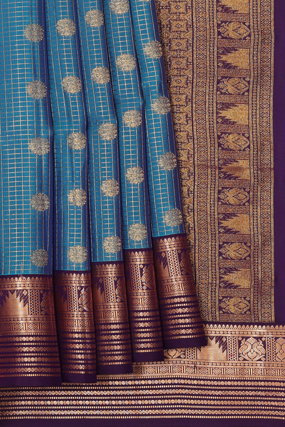 Image of Teal-Blue South Silk Kattam Saree
