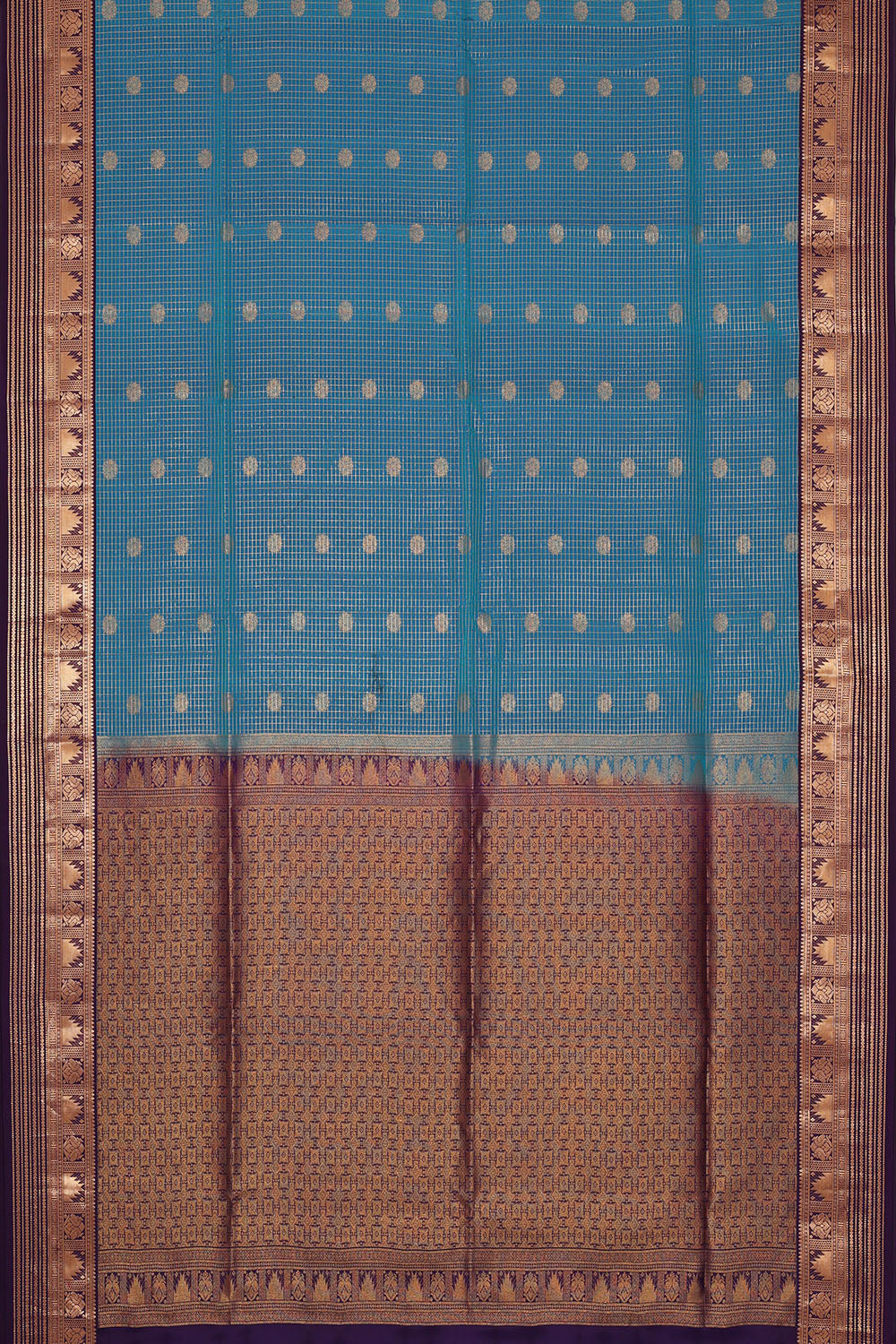 Image of Teal-Blue South Silk Kattam Saree