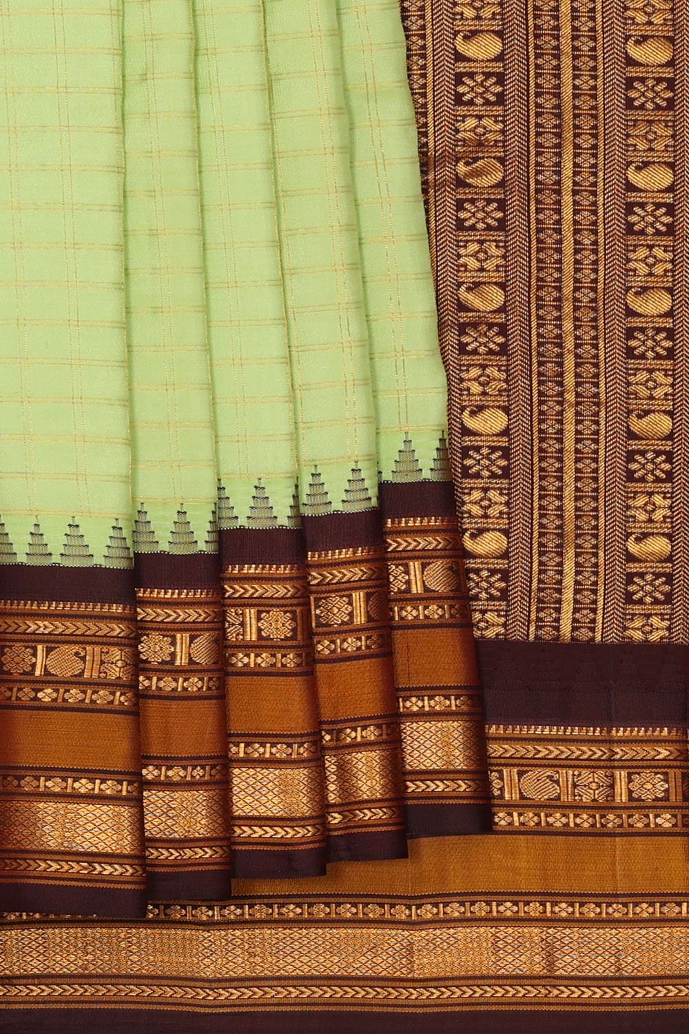 Image of Pastel-Green Silk Kattam Saree