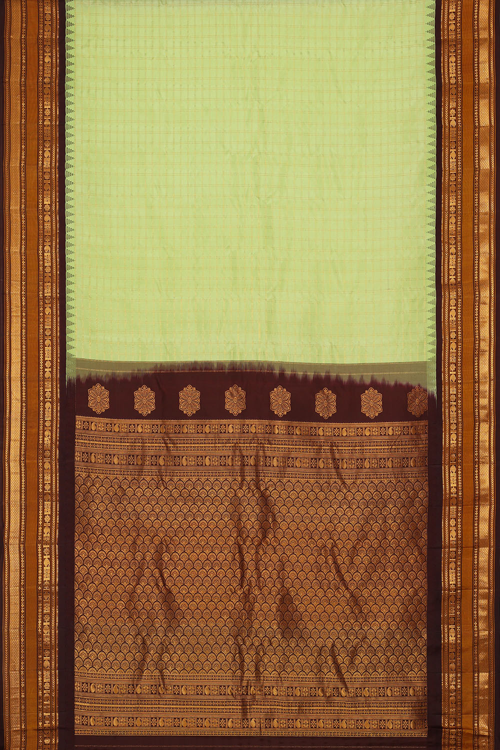 Image of Pastel-Green Silk Kattam Saree