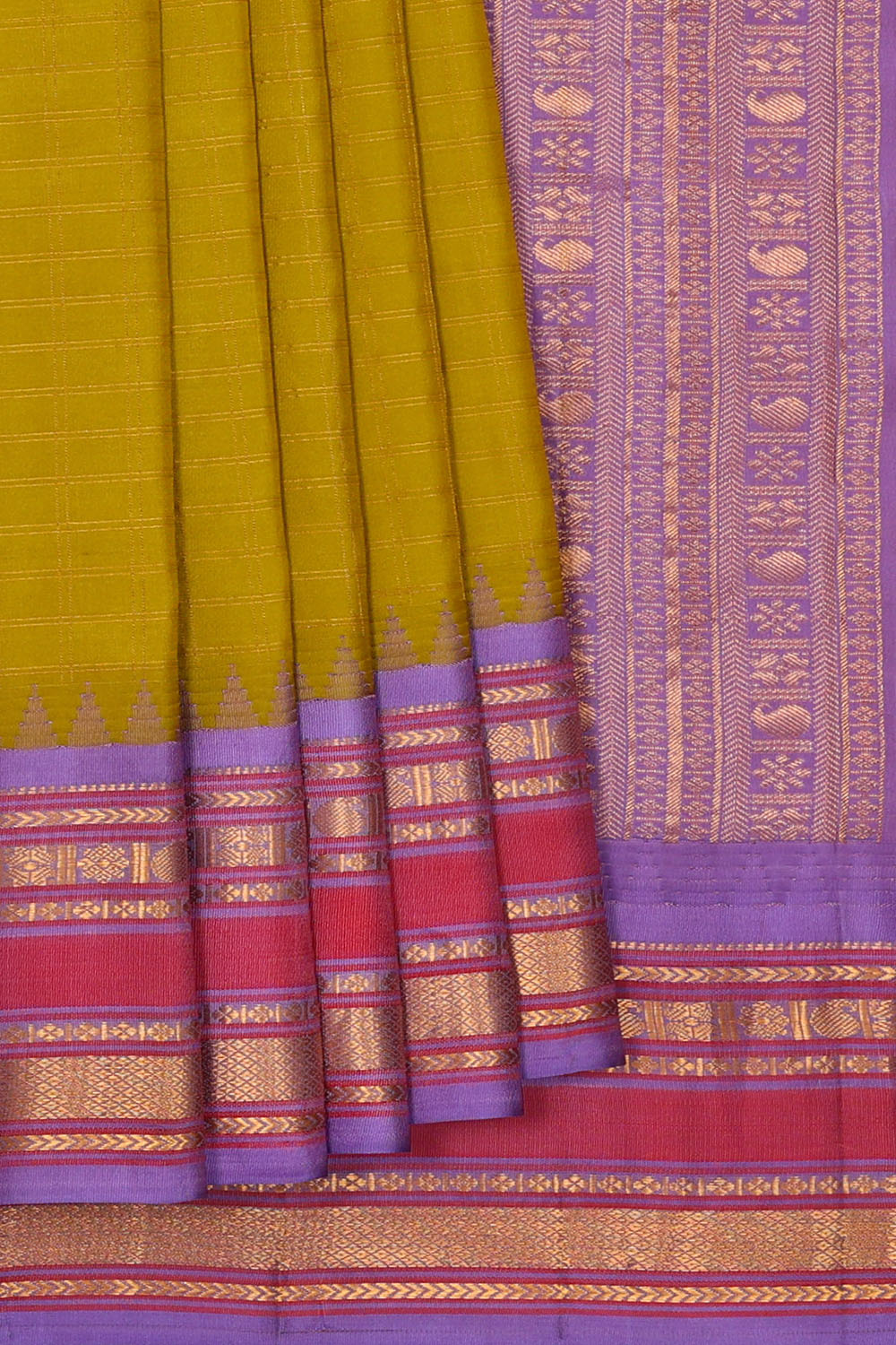 Image of Mustard-Green Gadwal Silk Kattam Saree