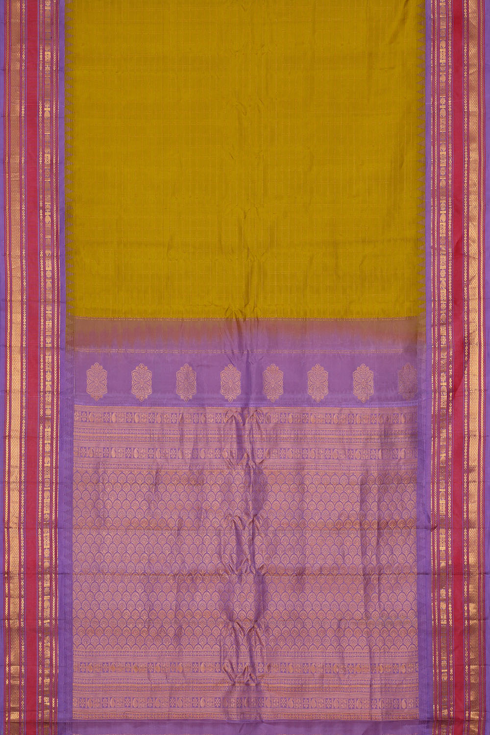 Image of Mustard-Green Gadwal Silk Kattam Saree