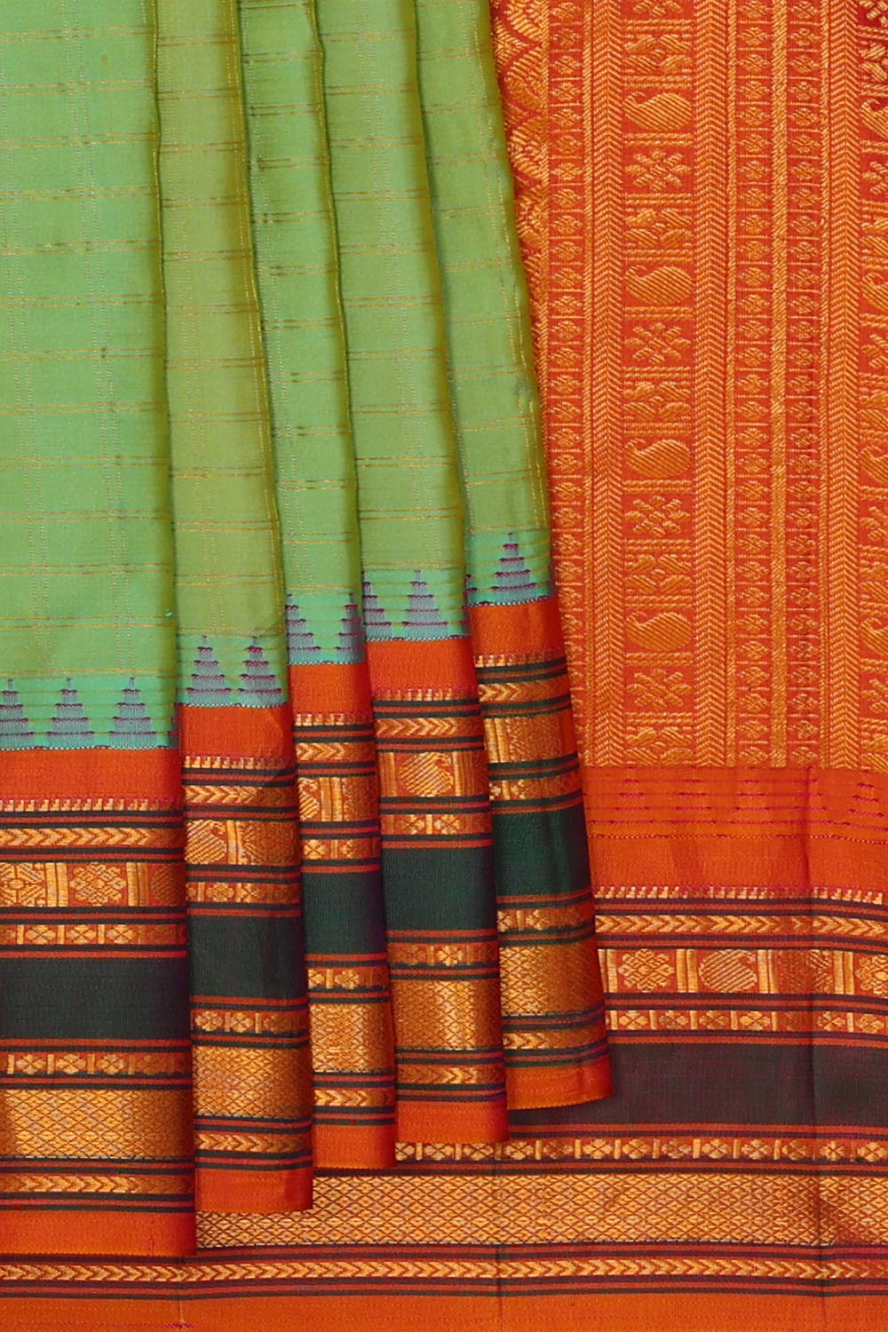 Image of Green Gadwal Silk Kattam Saree