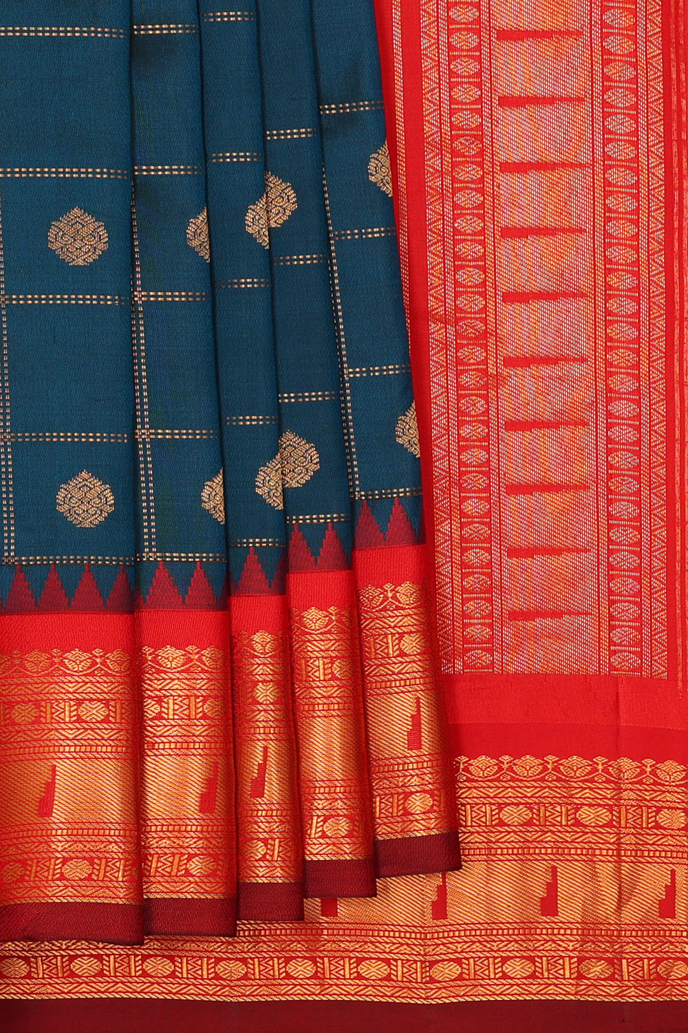 Image of Peacock-Blue Gadwal Silk Kattam Saree