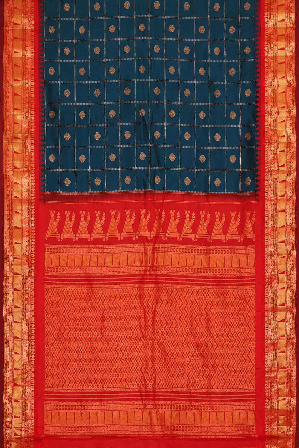 Image of Peacock-Blue Gadwal Silk Kattam Saree