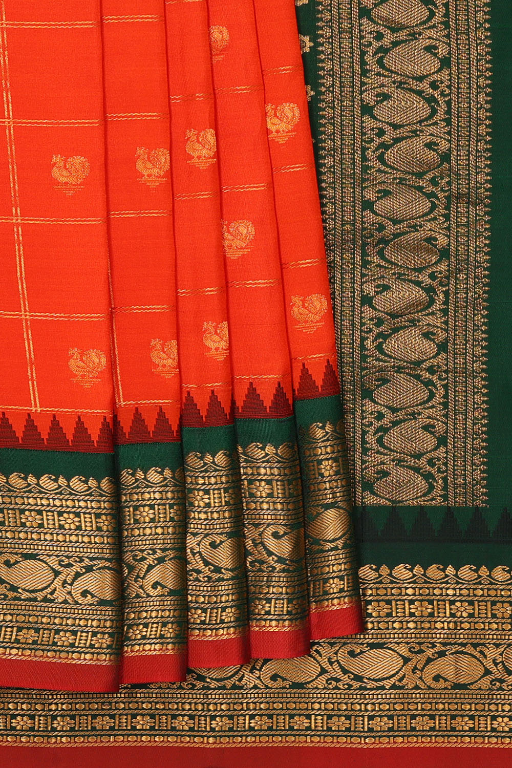 Image of Reddish-Orange Gadwal Kattam Silk Saree