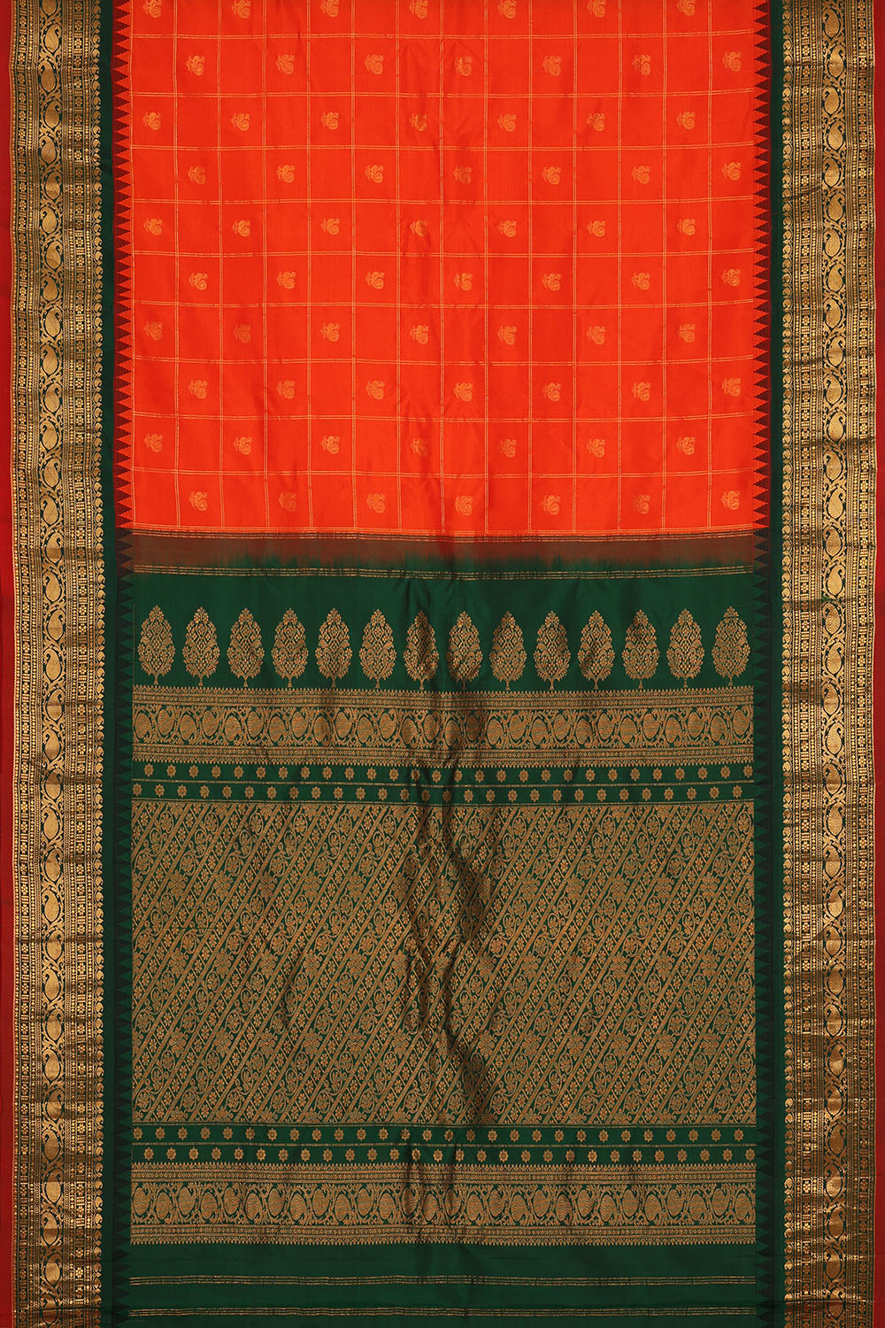 Image of Reddish-Orange Gadwal Kattam Silk Saree